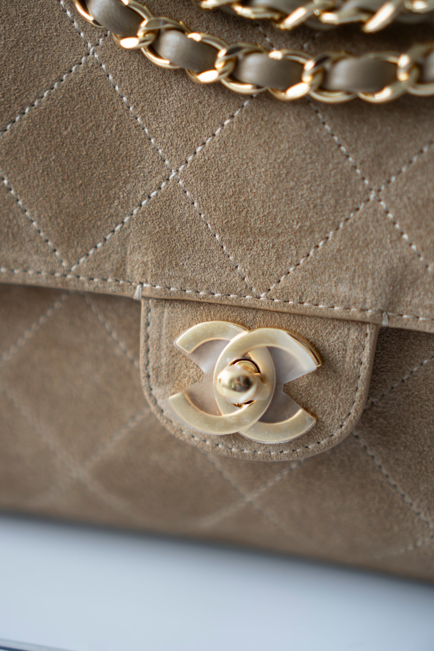 Jumbo Flap – Beige Suede from the 26S Collection with Gold Hardware