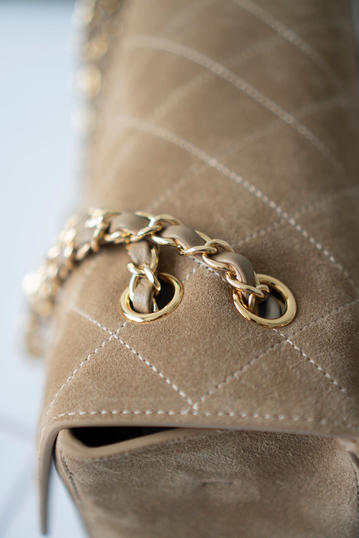 Jumbo Flap – Beige Suede from the 26S Collection with Gold Hardware