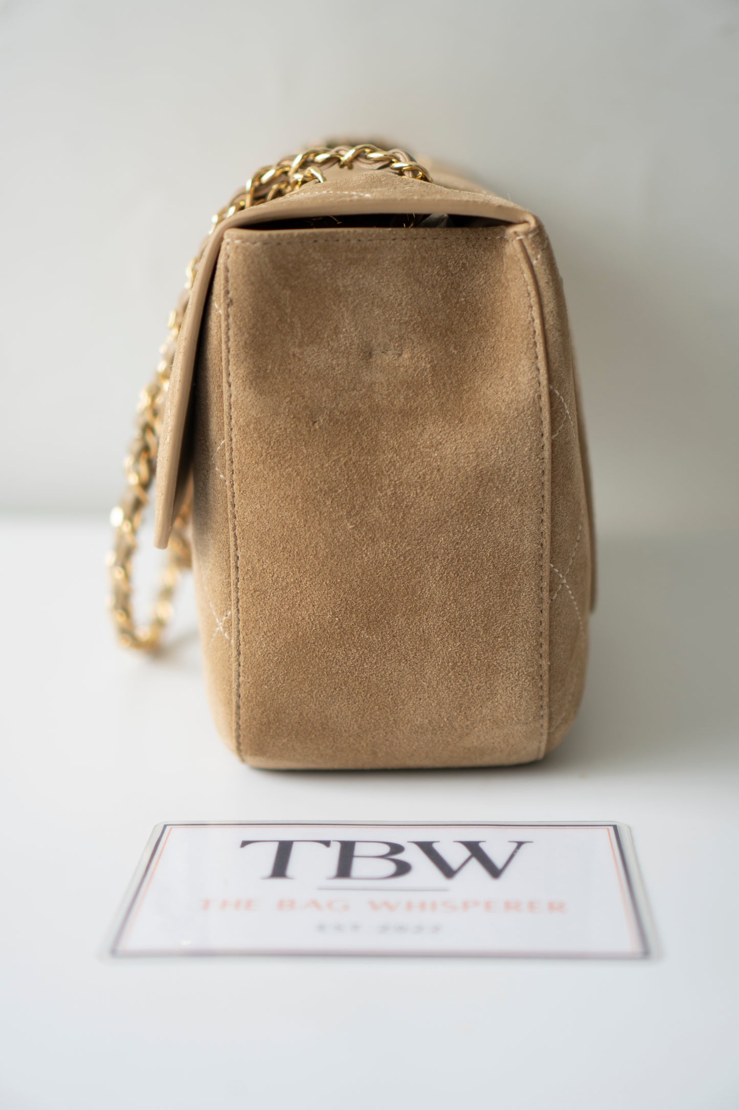 Jumbo Flap – Beige Suede from the 26S Collection with Gold Hardware