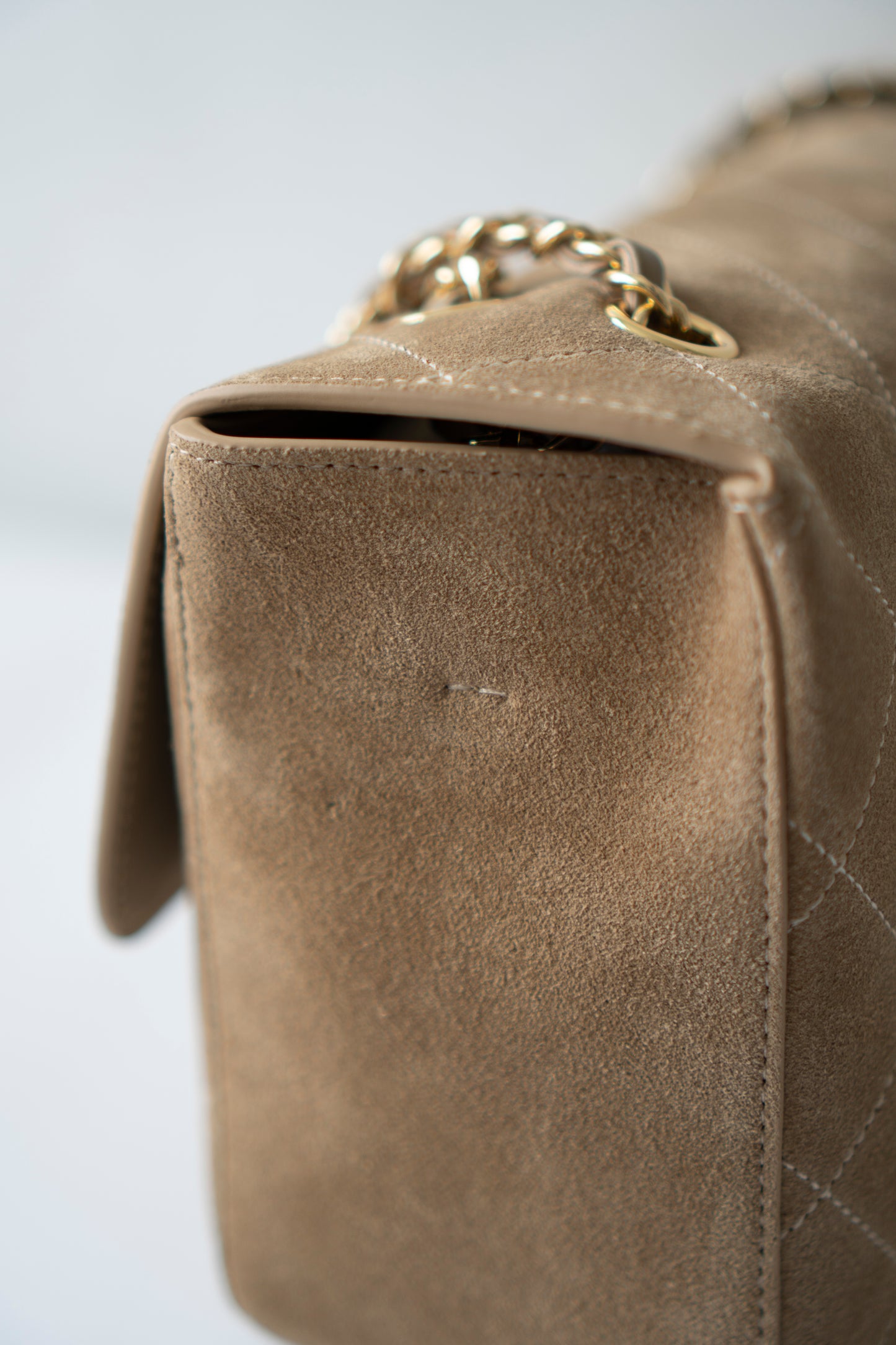 Jumbo Flap – Beige Suede from the 26S Collection with Gold Hardware