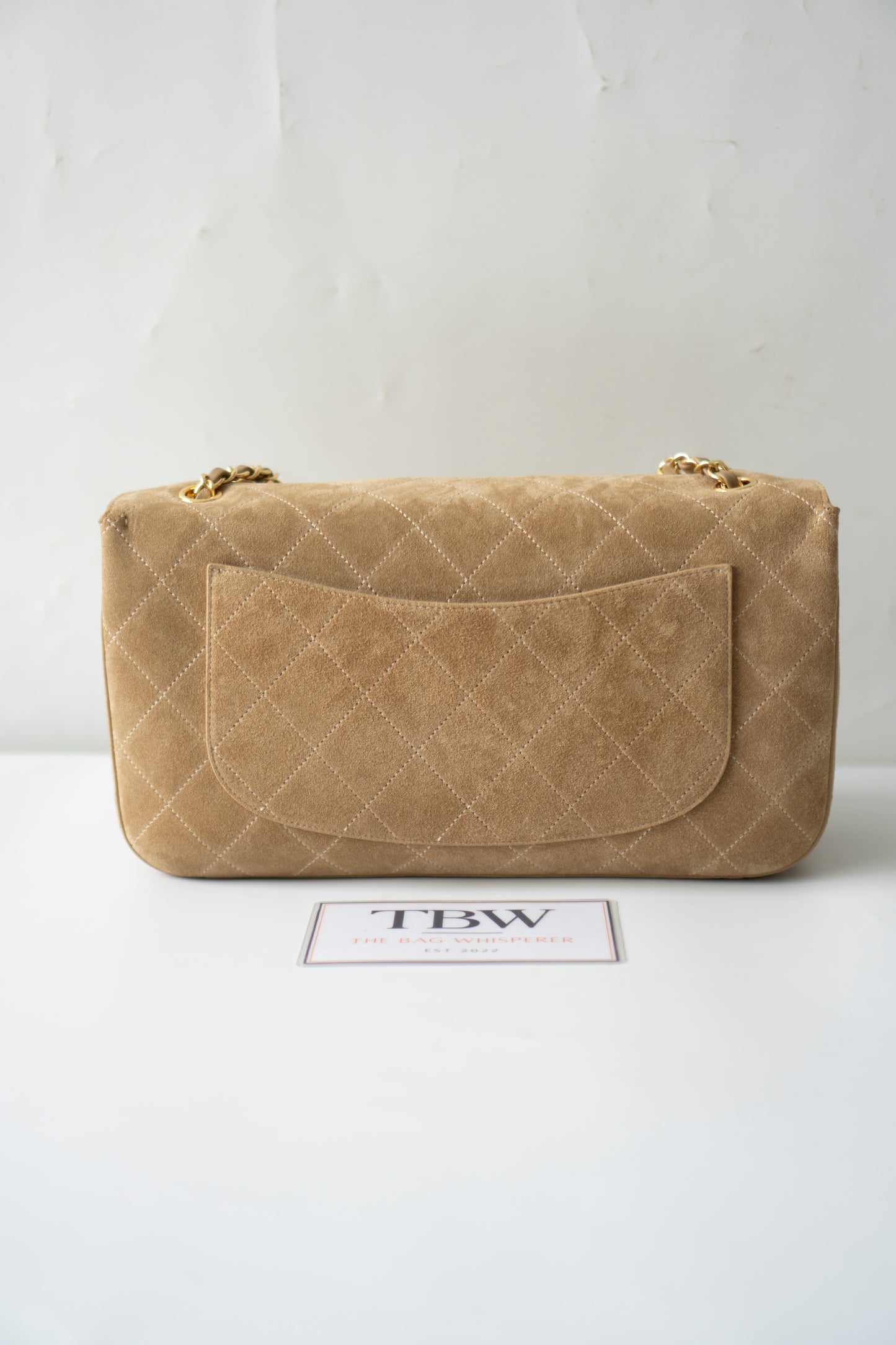 Jumbo Flap – Beige Suede from the 26S Collection with Gold Hardware