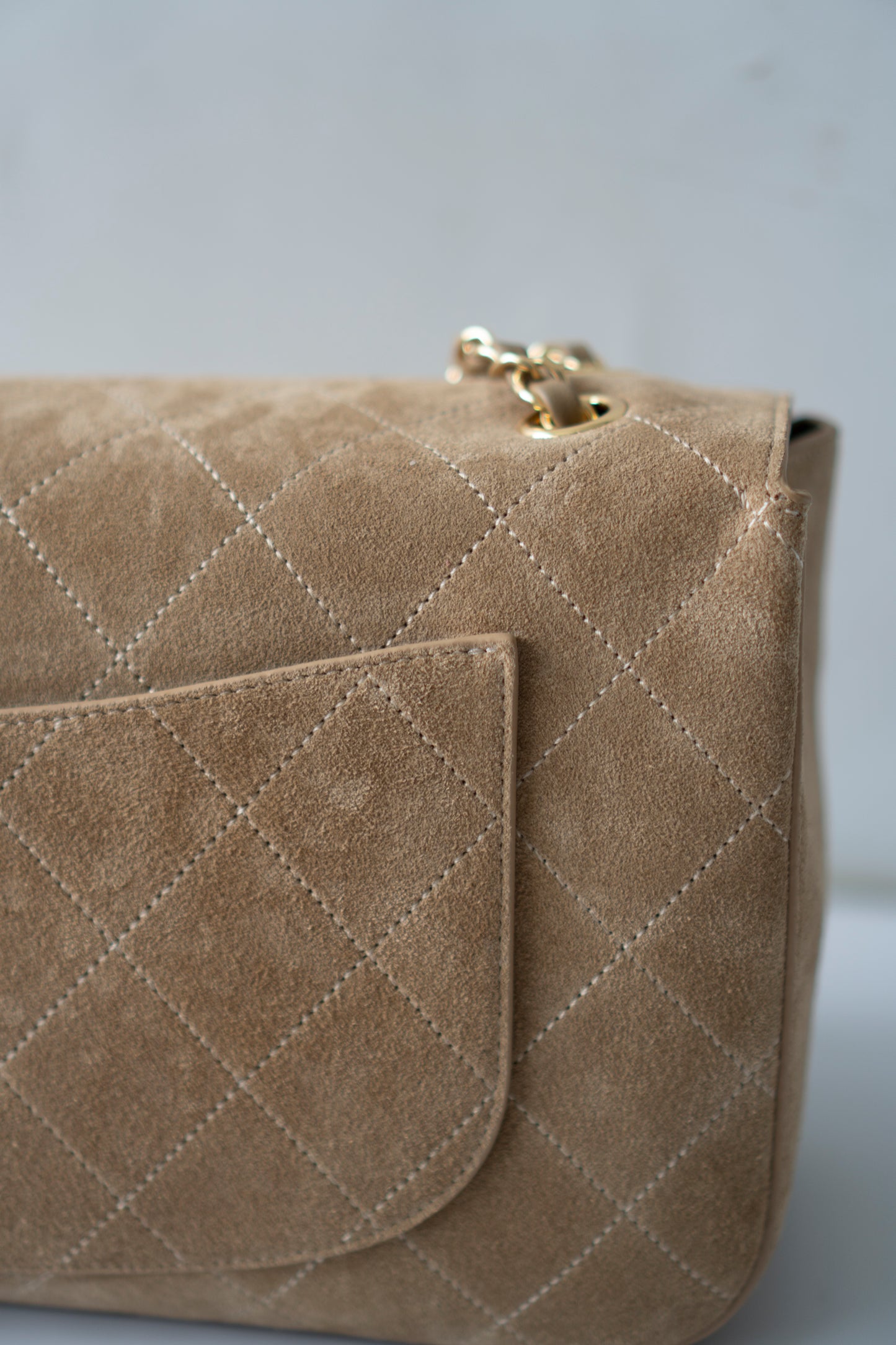 Jumbo Flap – Beige Suede from the 26S Collection with Gold Hardware