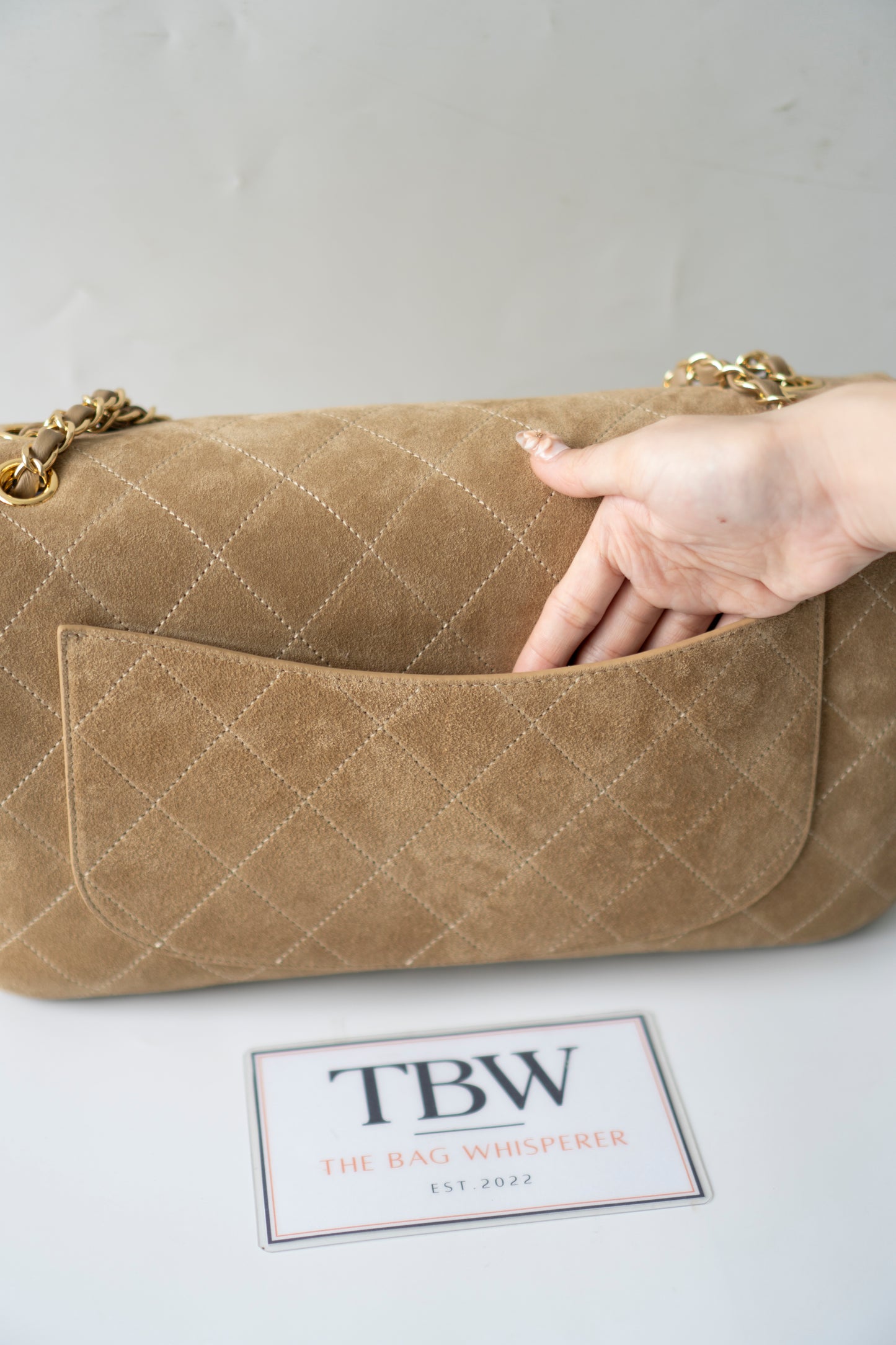Jumbo Flap – Beige Suede from the 26S Collection with Gold Hardware