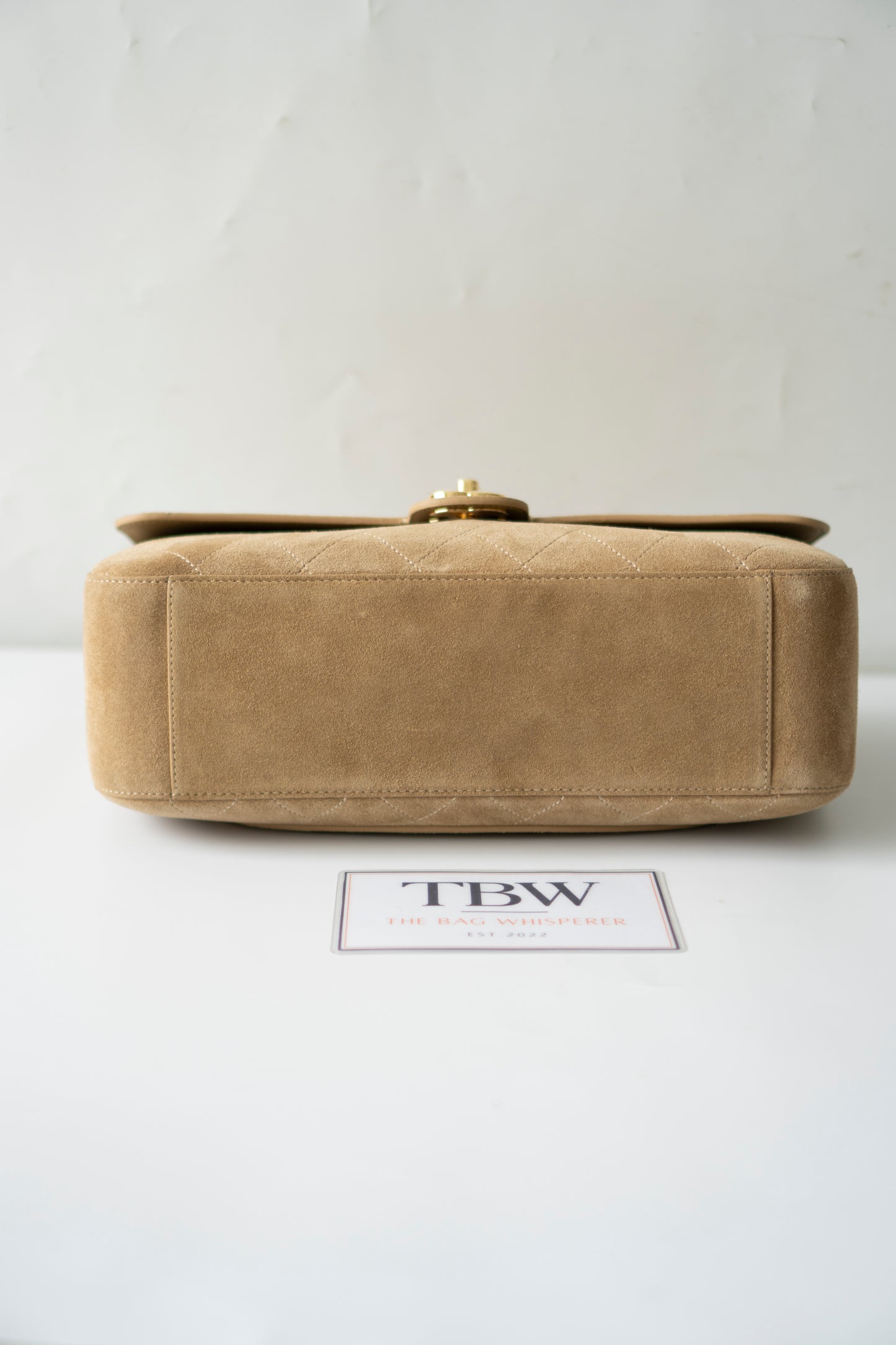 Jumbo Flap – Beige Suede from the 26S Collection with Gold Hardware