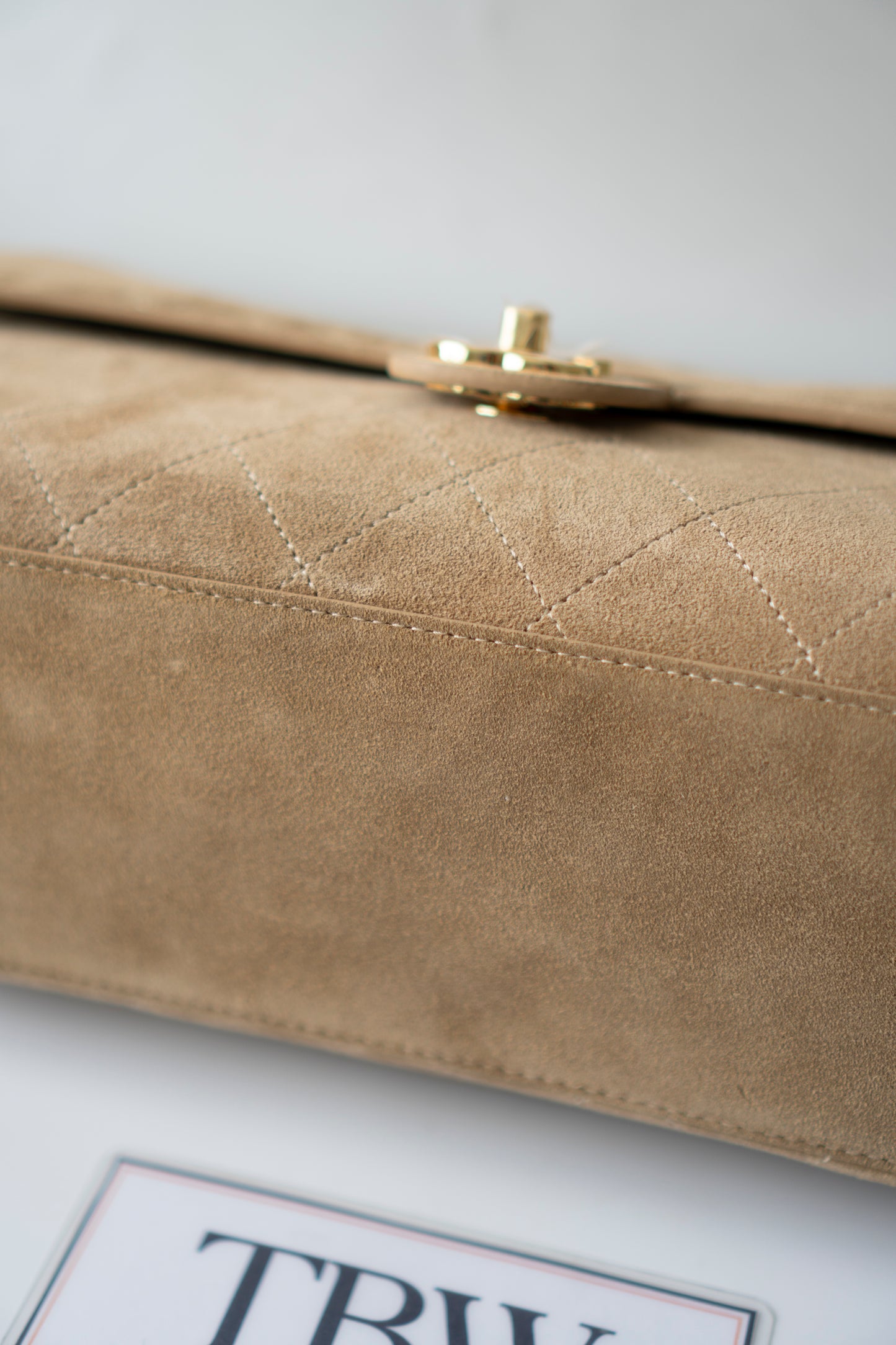 Jumbo Flap – Beige Suede from the 26S Collection with Gold Hardware