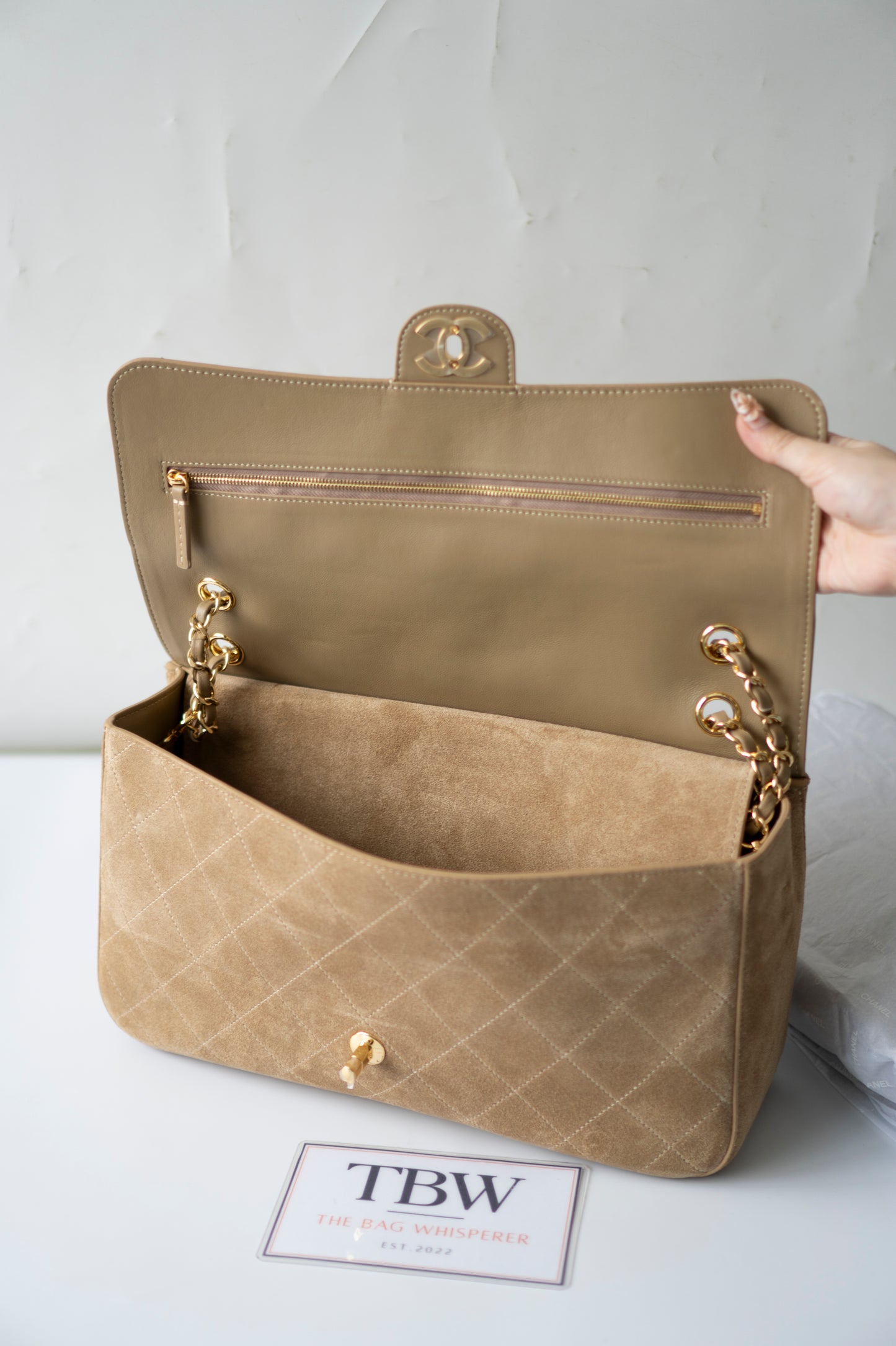 Jumbo Flap – Beige Suede from the 26S Collection with Gold Hardware