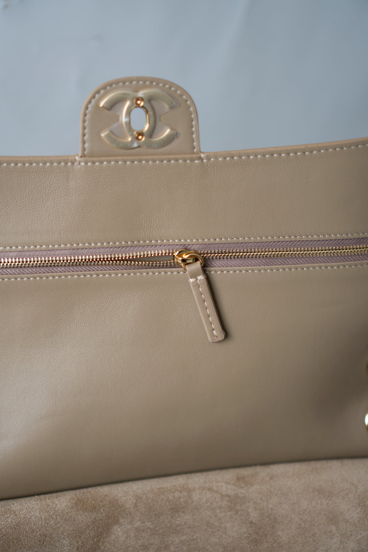 Jumbo Flap – Beige Suede from the 26S Collection with Gold Hardware