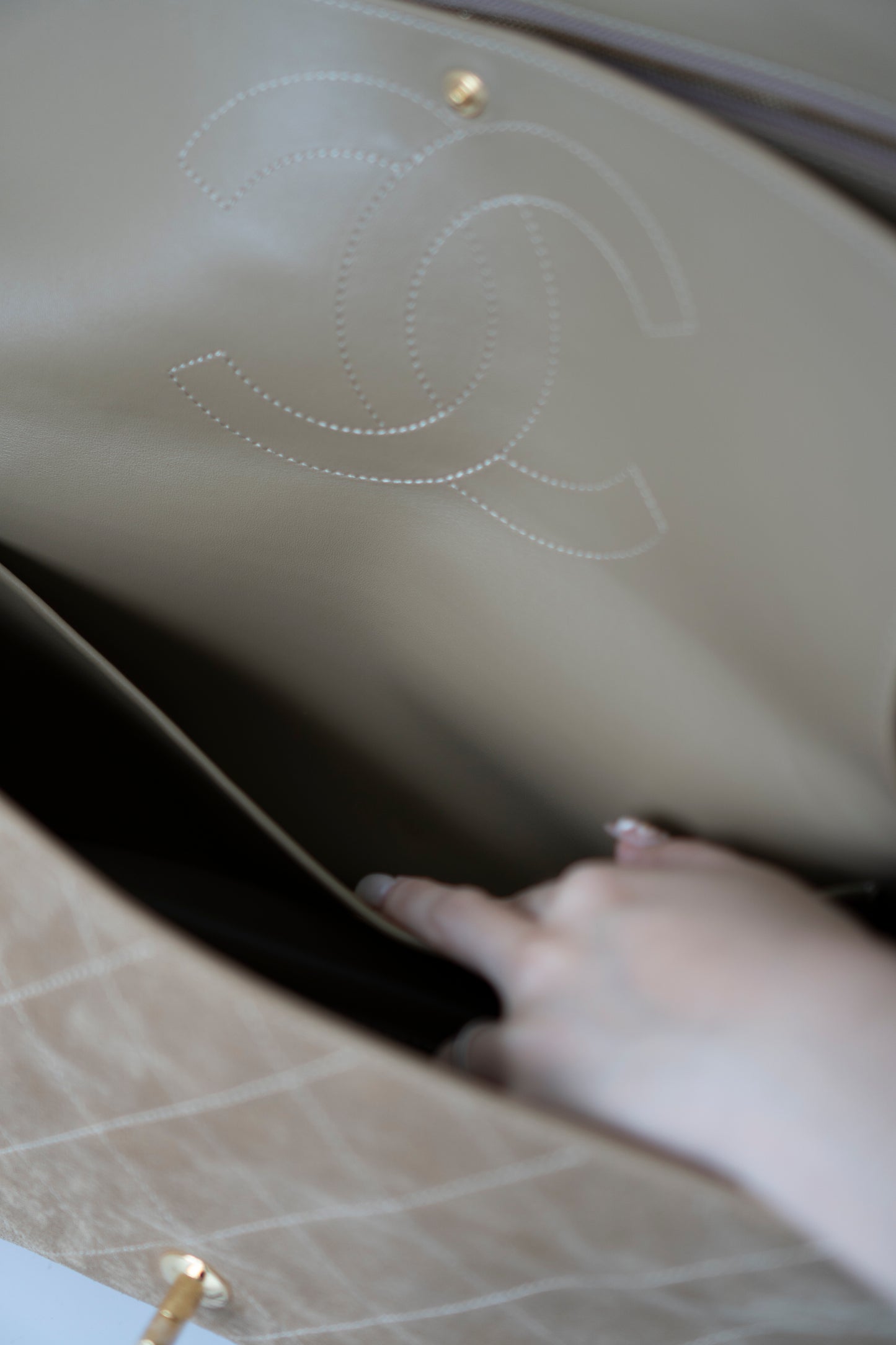 Jumbo Flap – Beige Suede from the 26S Collection with Gold Hardware