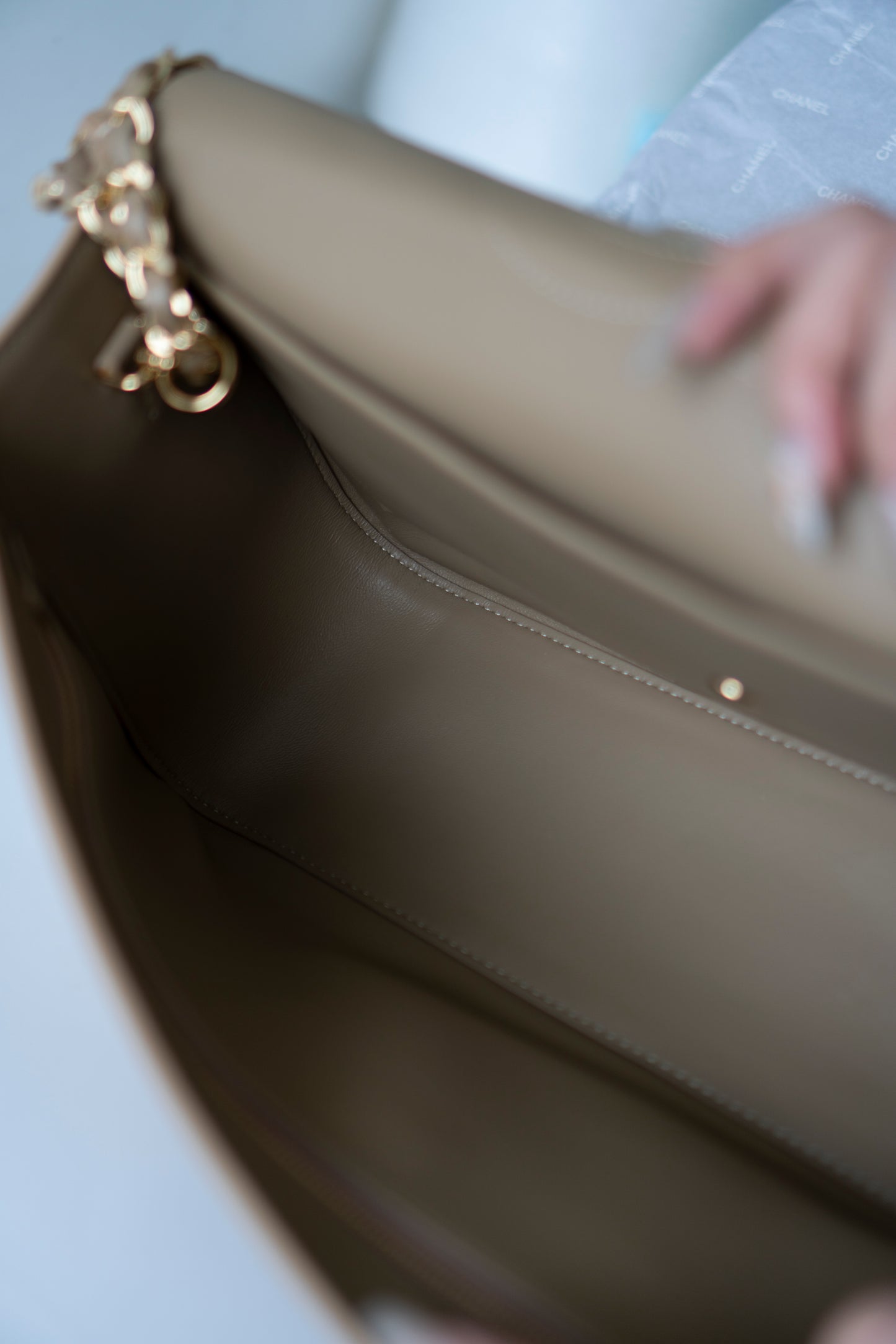 Jumbo Flap – Beige Suede from the 26S Collection with Gold Hardware