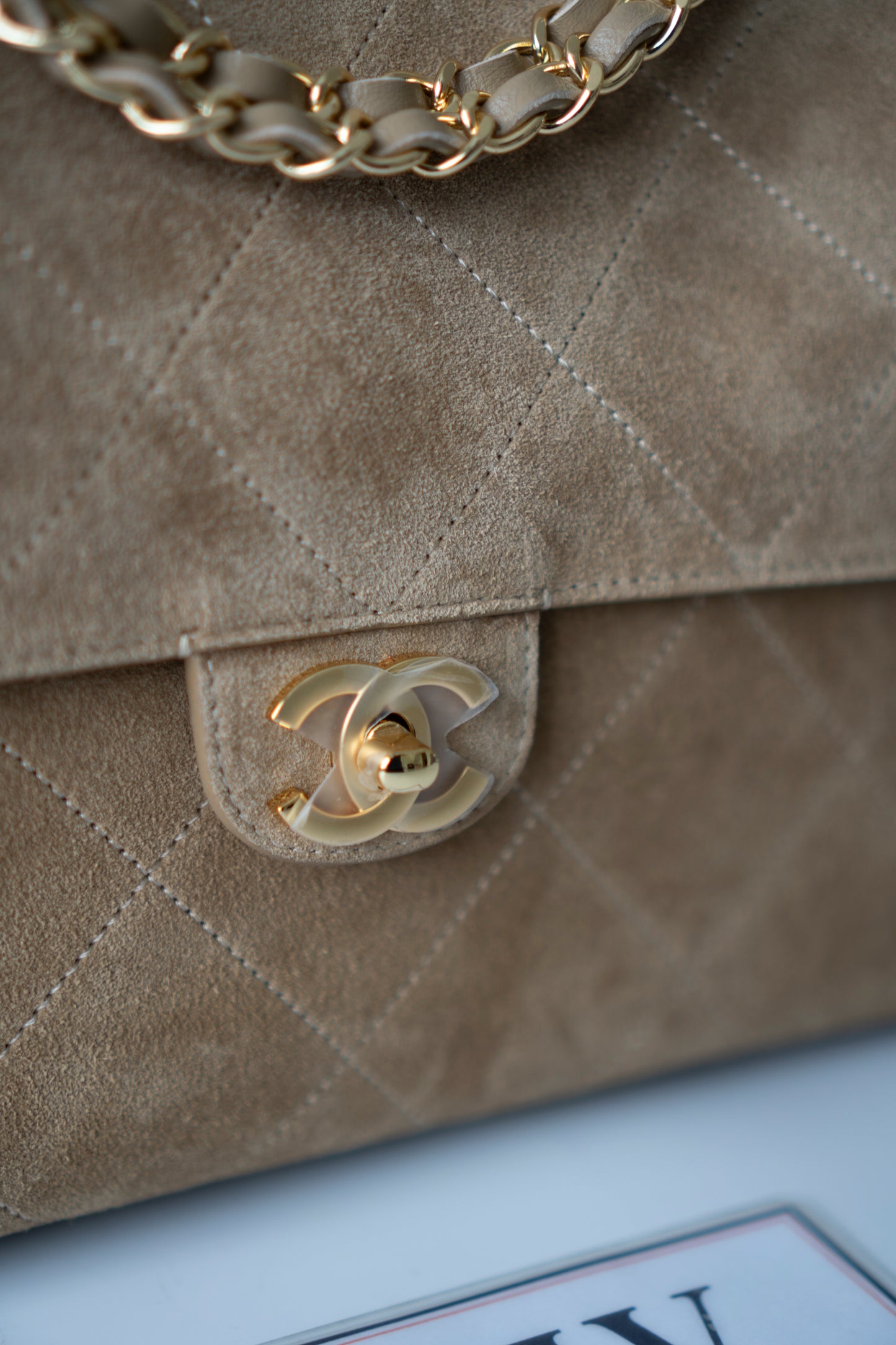 Maxi Flap – Beige Suede Bonaudo Leather with Gold Hardware