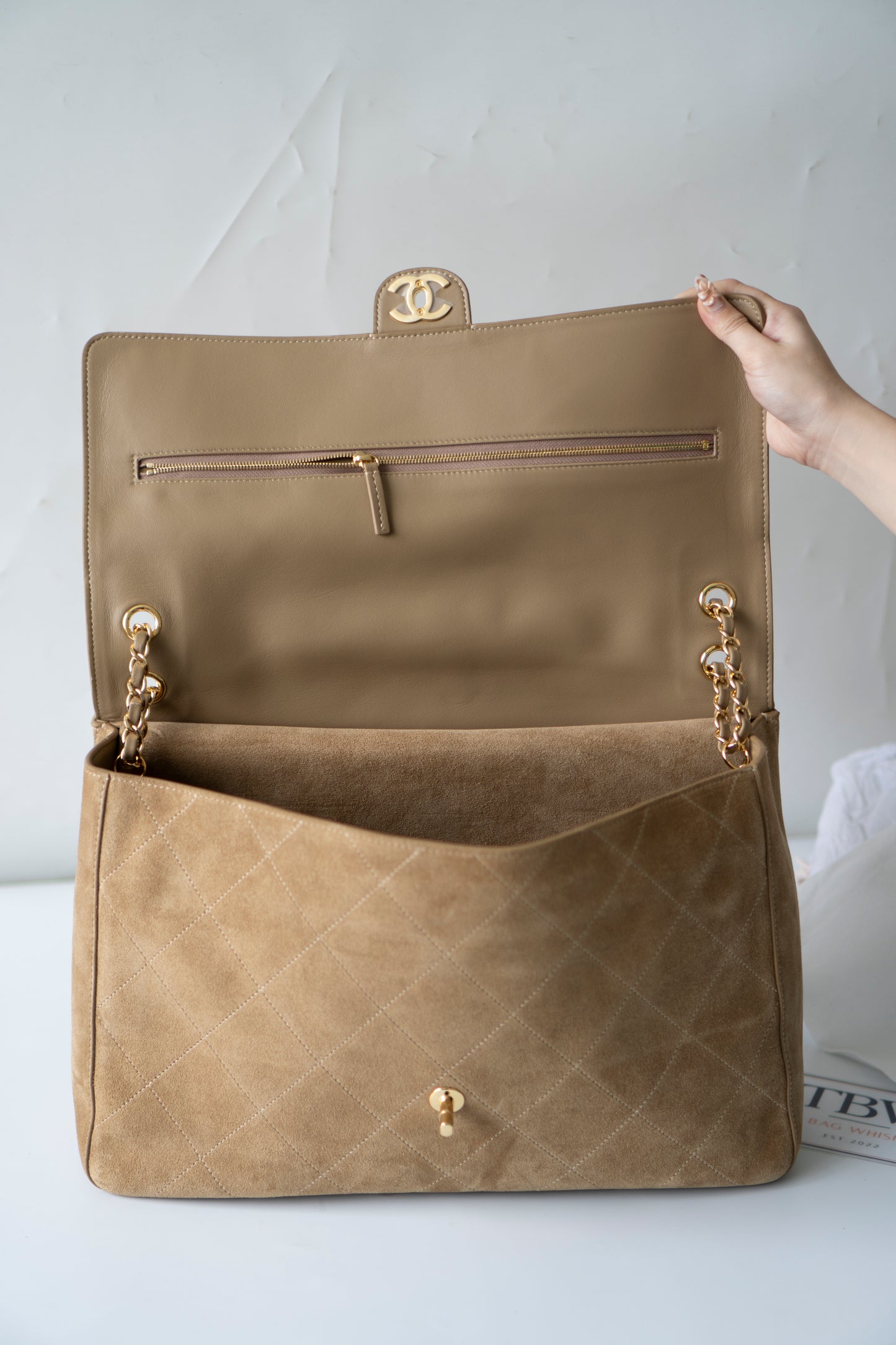 Maxi Flap – Beige Suede Bonaudo Leather with Gold Hardware