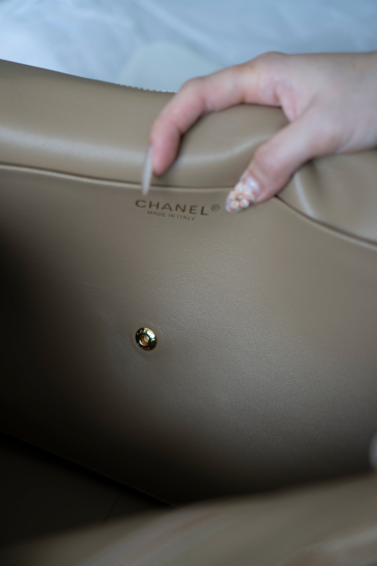 Maxi Flap – Beige Suede Bonaudo Leather with Gold Hardware