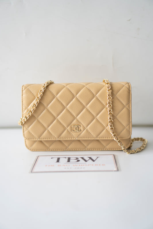 Wallet on Chain WOC – Beige Clair Caviar Leather with Gold Hardware