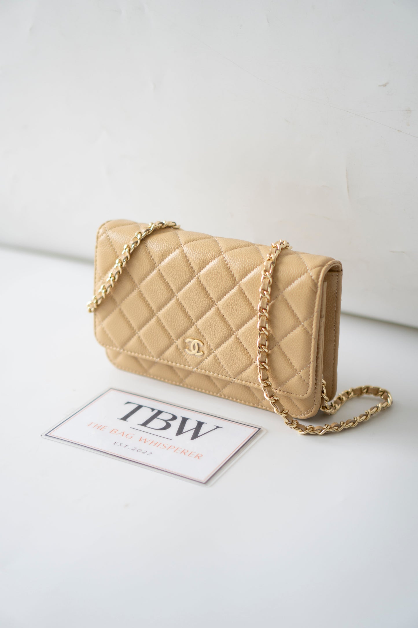 Wallet on Chain WOC – Beige Clair Caviar Leather with Gold Hardware