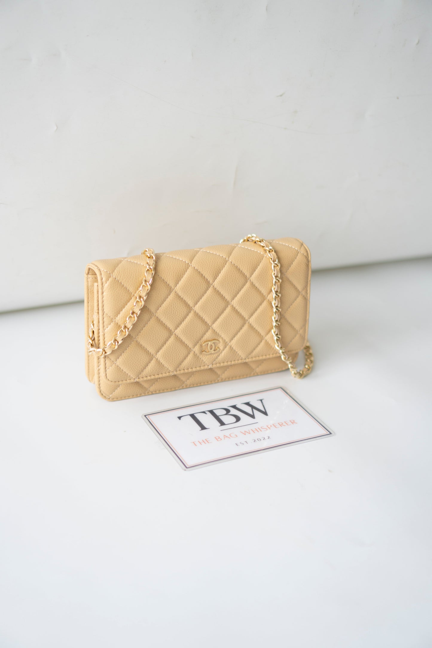 Wallet on Chain WOC – Beige Clair Caviar Leather with Gold Hardware