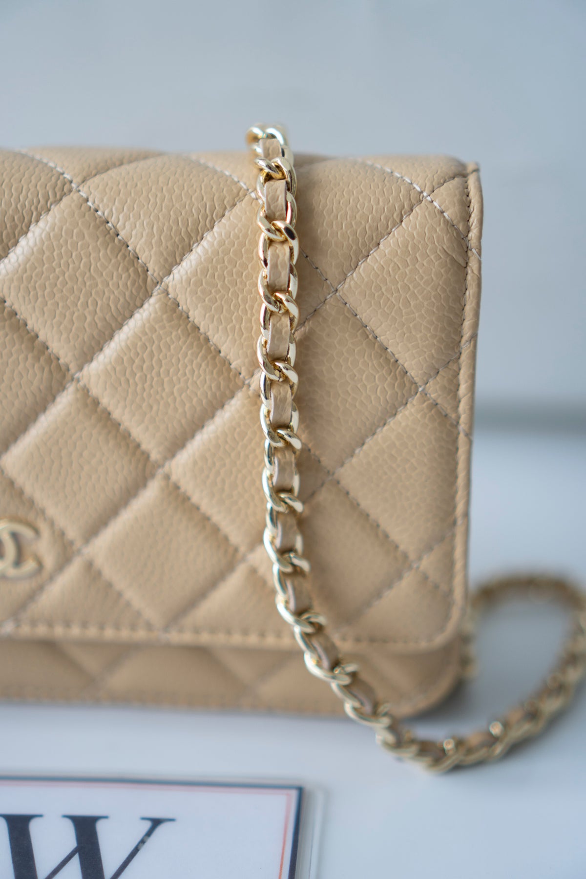 Wallet on Chain WOC – Beige Clair Caviar Leather with Gold Hardware