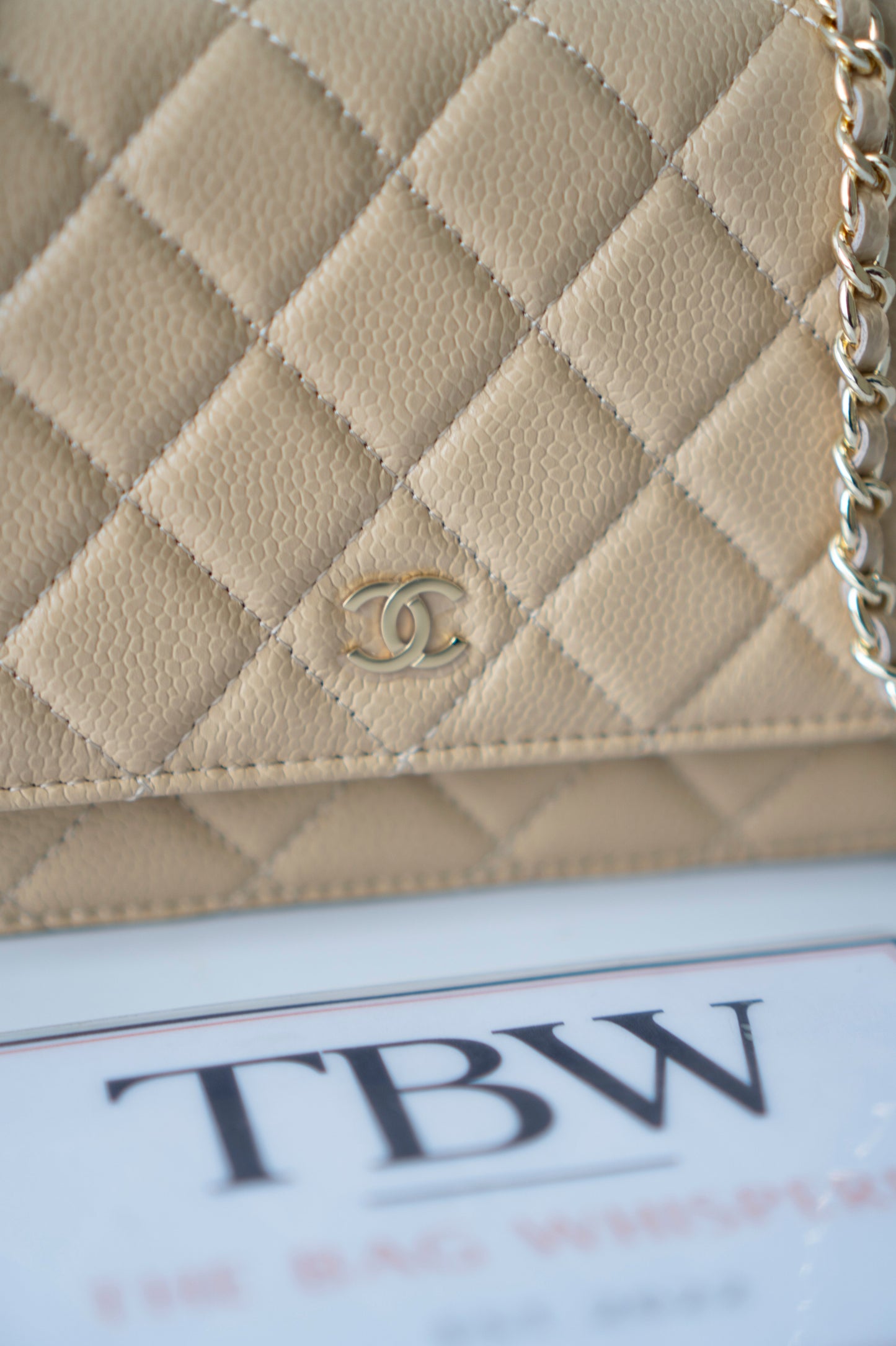 Wallet on Chain WOC – Beige Clair Caviar Leather with Gold Hardware