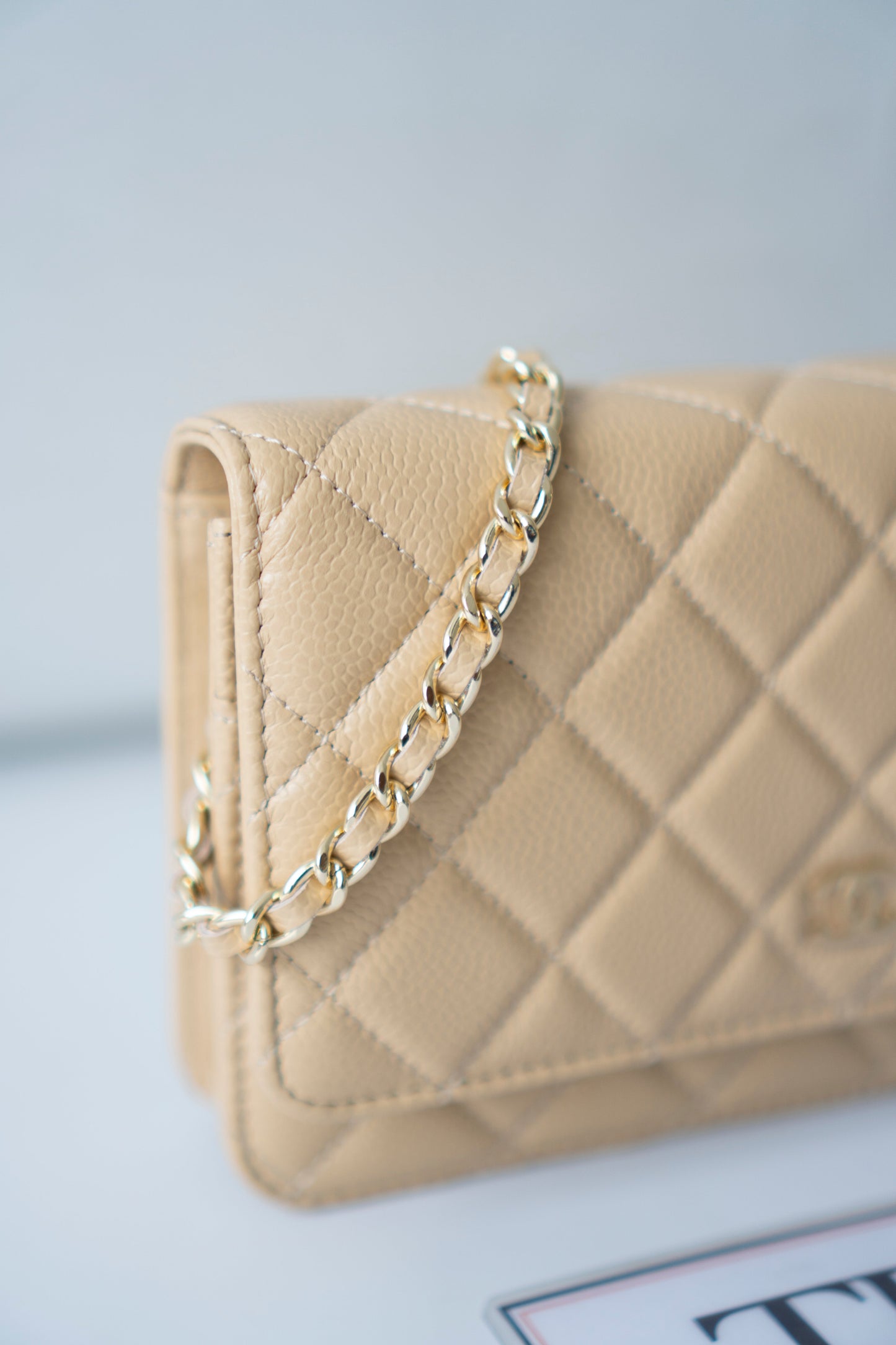 Wallet on Chain WOC – Beige Clair Caviar Leather with Gold Hardware