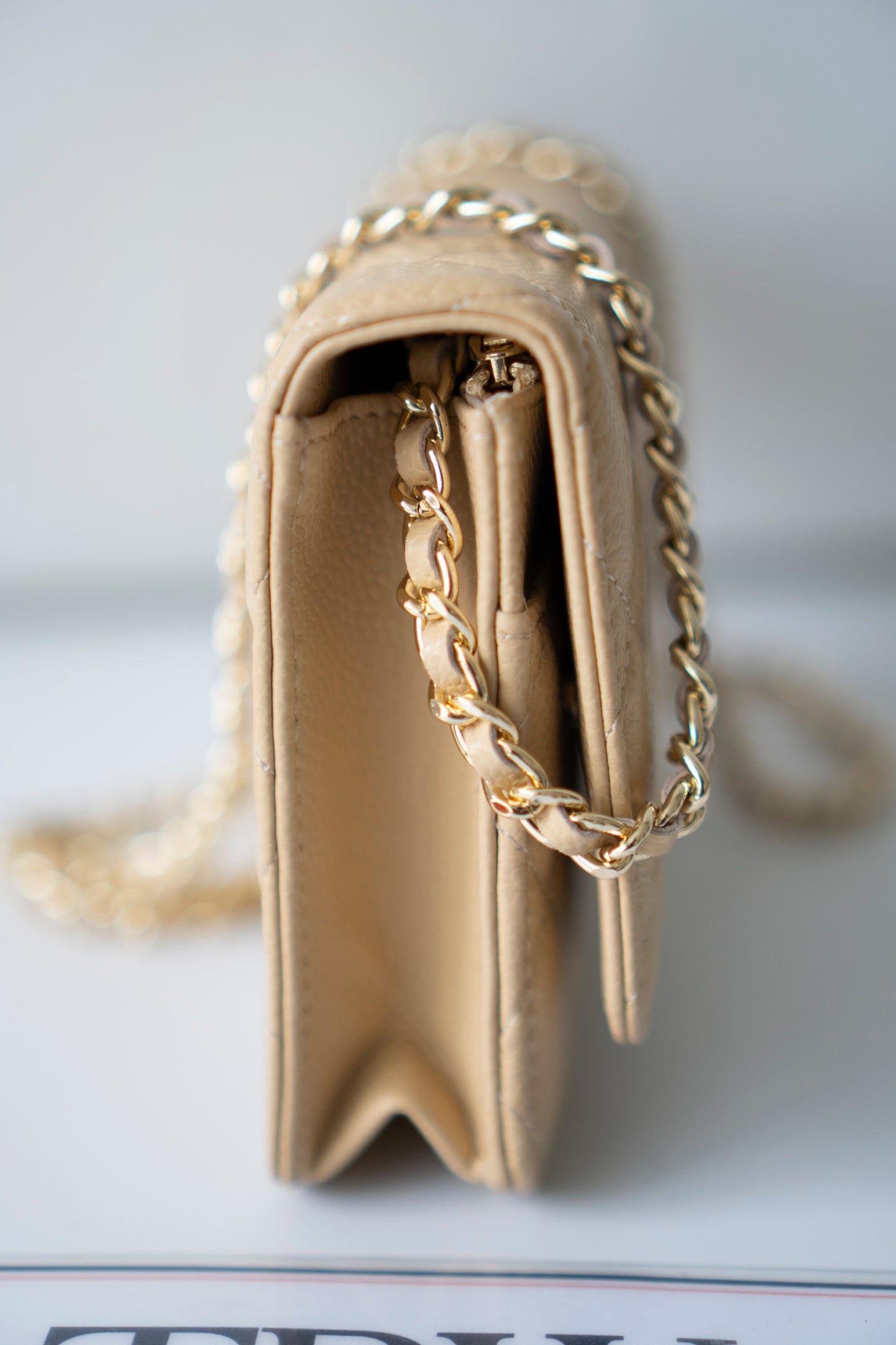 Wallet on Chain WOC – Beige Clair Caviar Leather with Gold Hardware