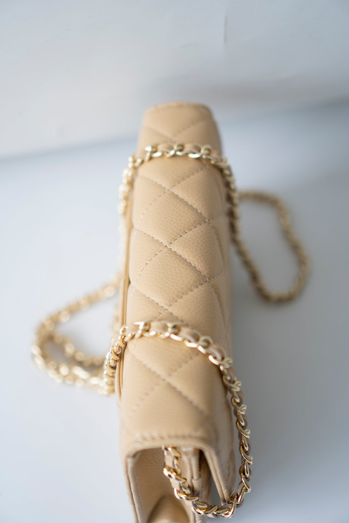 Wallet on Chain WOC – Beige Clair Caviar Leather with Gold Hardware