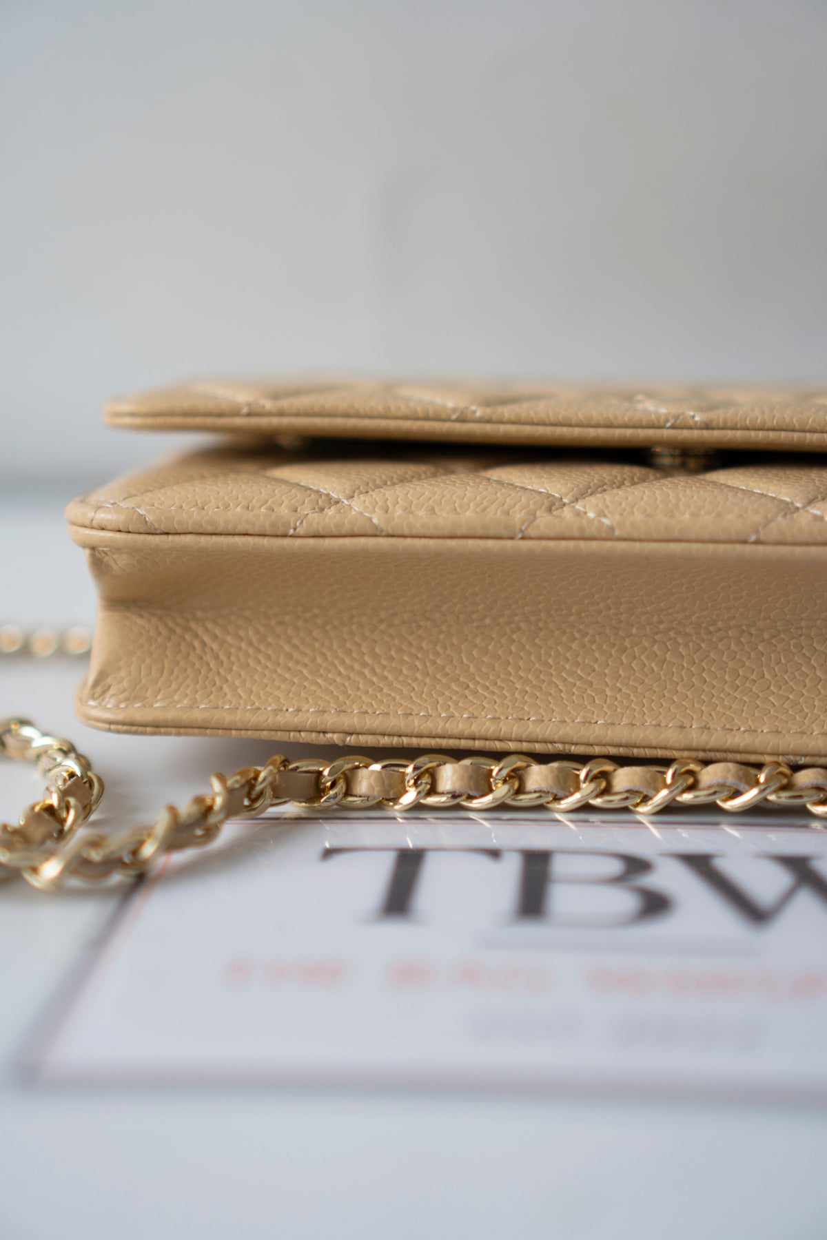 Wallet on Chain WOC – Beige Clair Caviar Leather with Gold Hardware