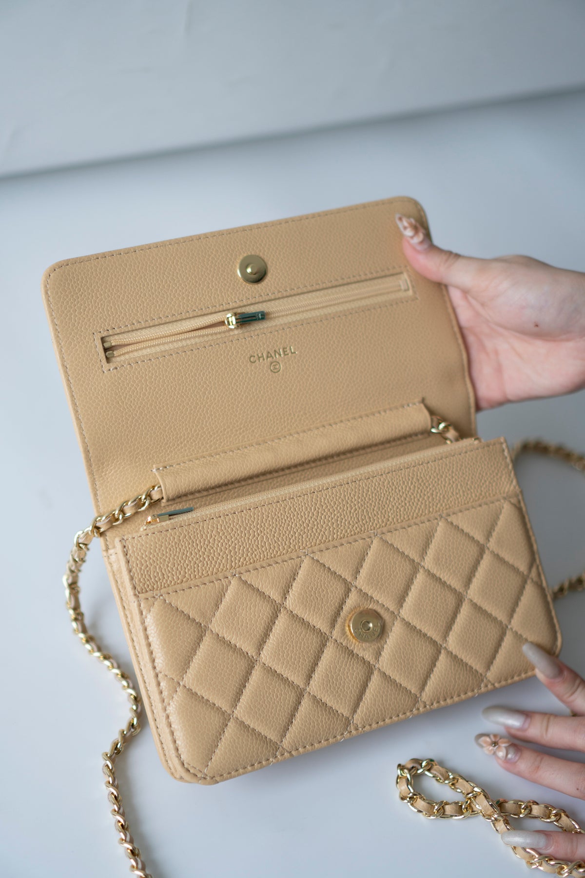 Wallet on Chain WOC – Beige Clair Caviar Leather with Gold Hardware