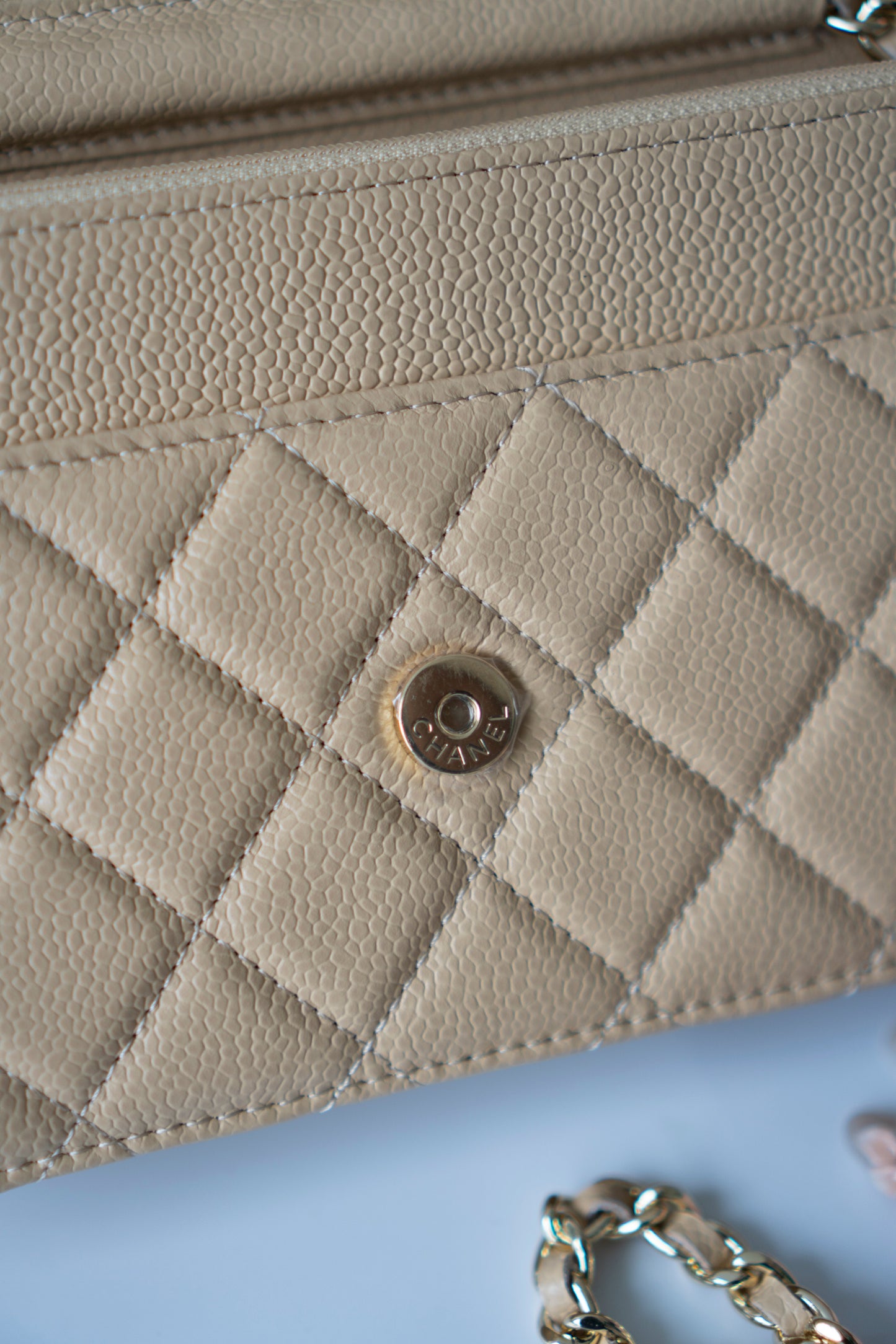 Wallet on Chain WOC – Beige Clair Caviar Leather with Gold Hardware