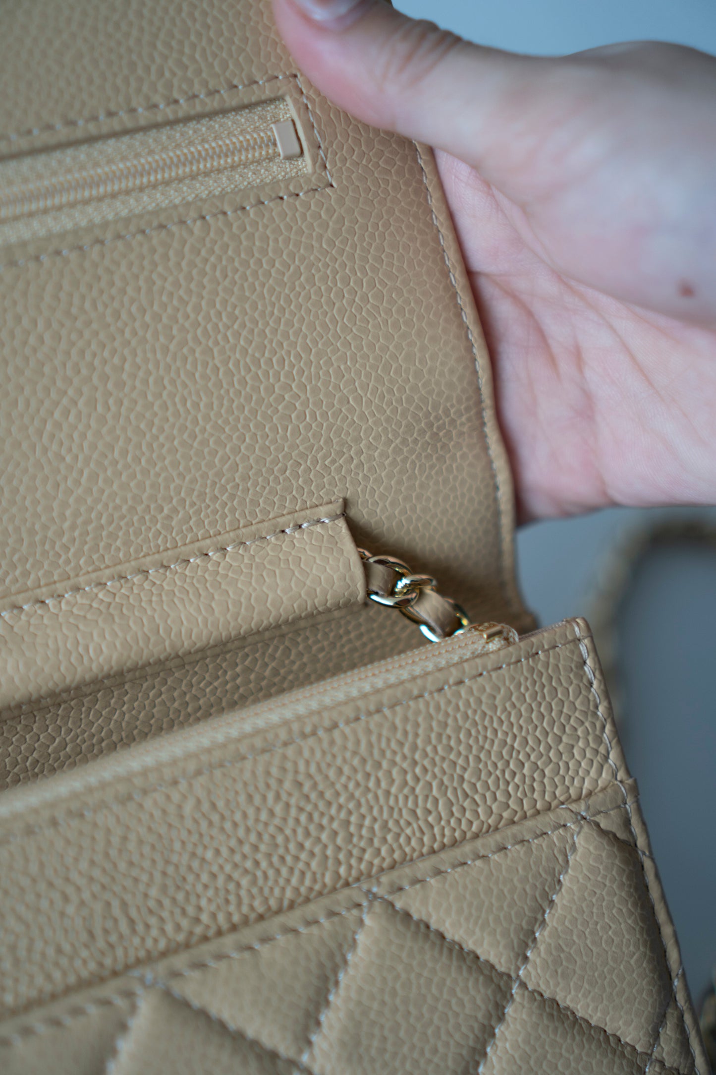 Wallet on Chain WOC – Beige Clair Caviar Leather with Gold Hardware