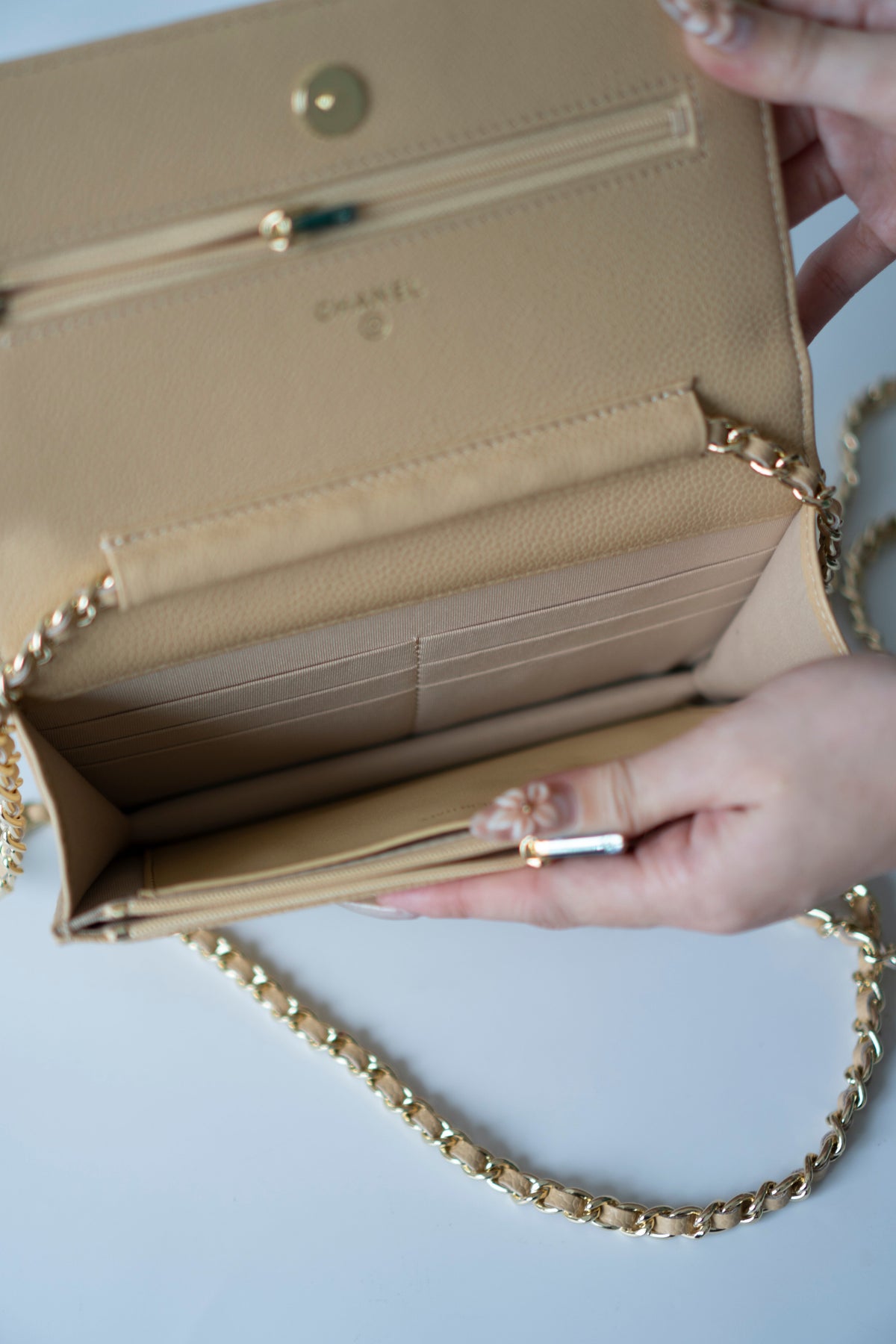 Wallet on Chain WOC – Beige Clair Caviar Leather with Gold Hardware