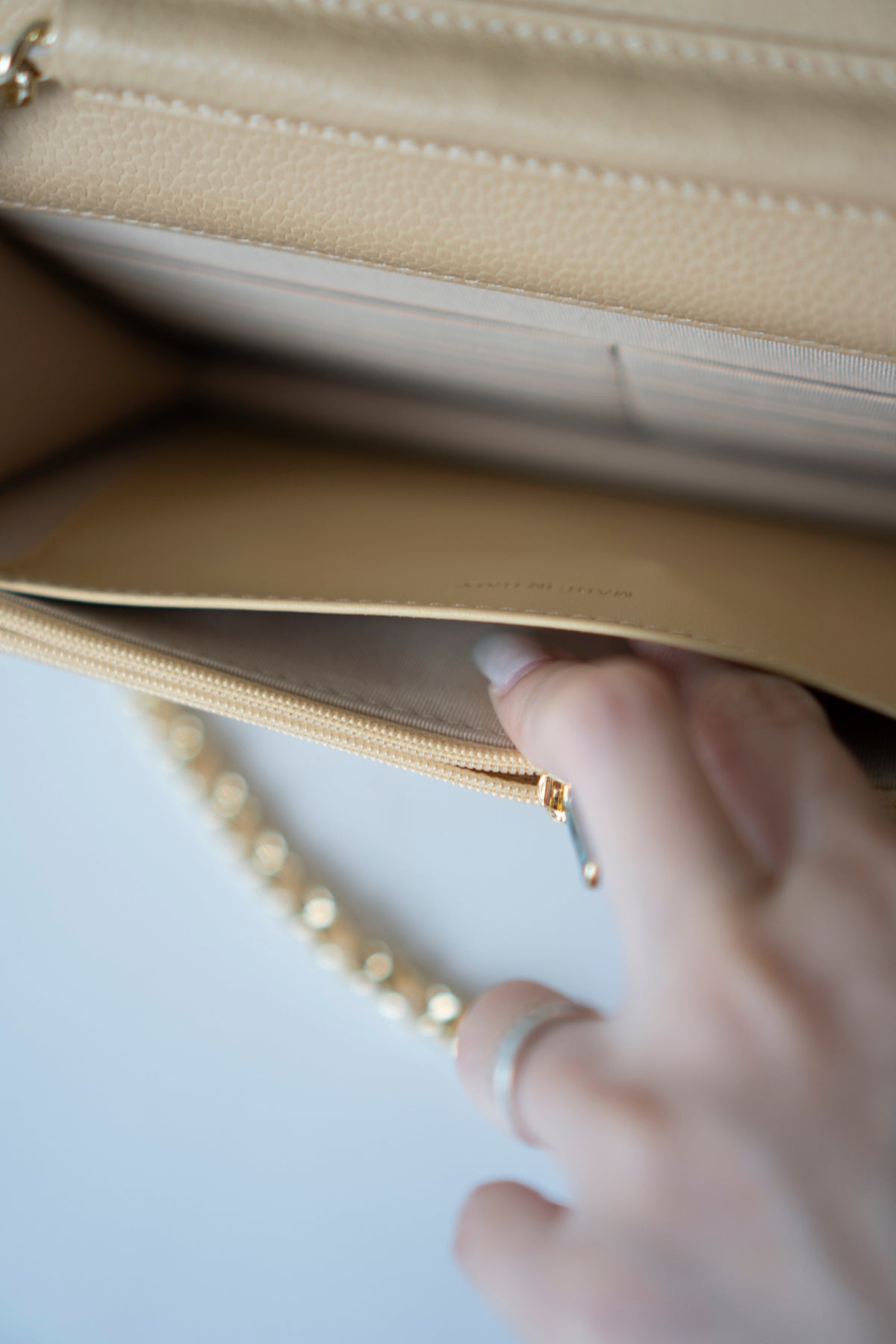 Wallet on Chain WOC – Beige Clair Caviar Leather with Gold Hardware