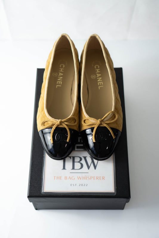 CC Quilted Suede Cap-Toe Ballet Flats – Beige / Yellow Suede with Black Patent Cap Toe