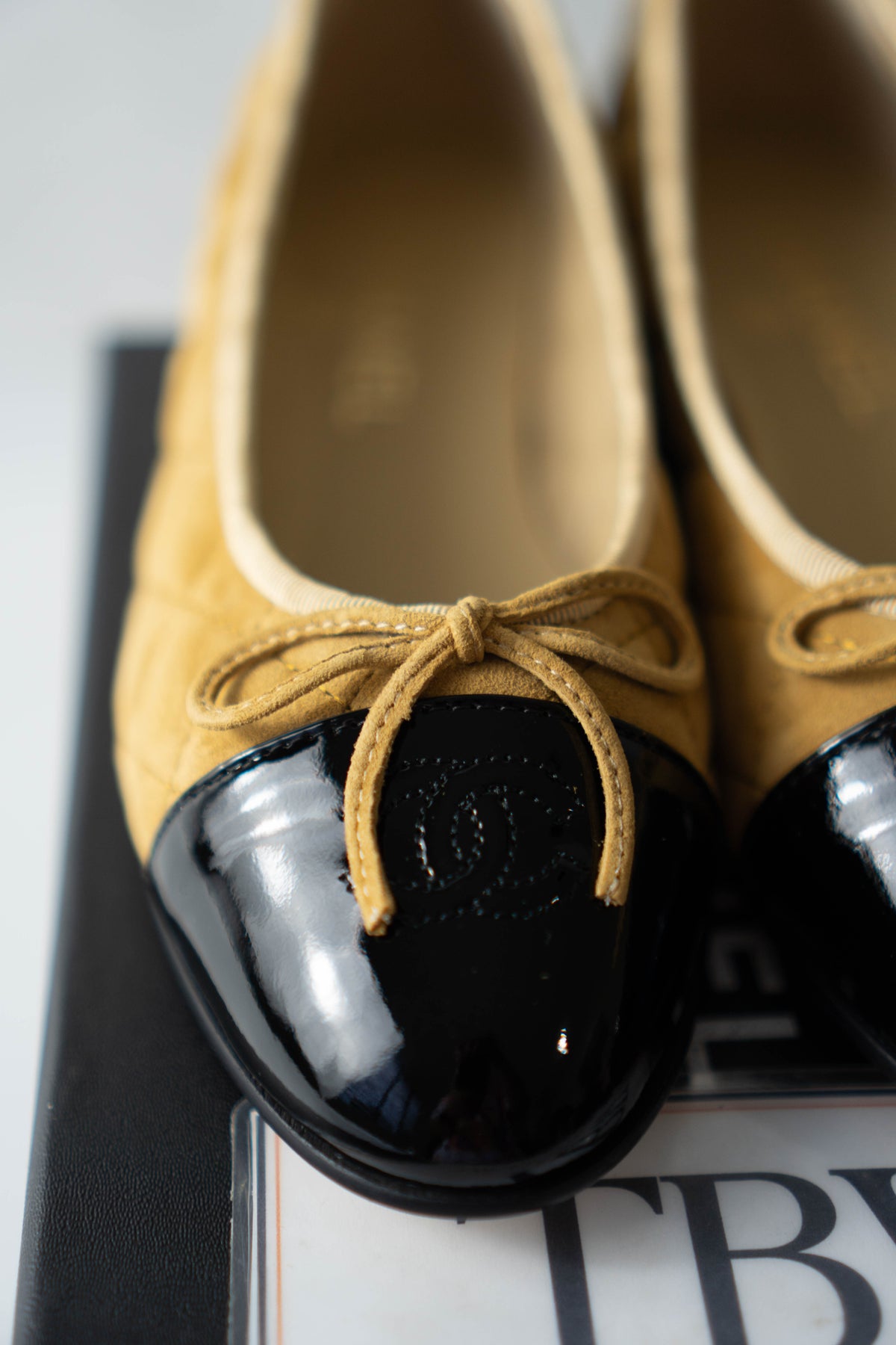CC Quilted Suede Cap-Toe Ballet Flats – Beige / Yellow Suede with Black Patent Cap Toe
