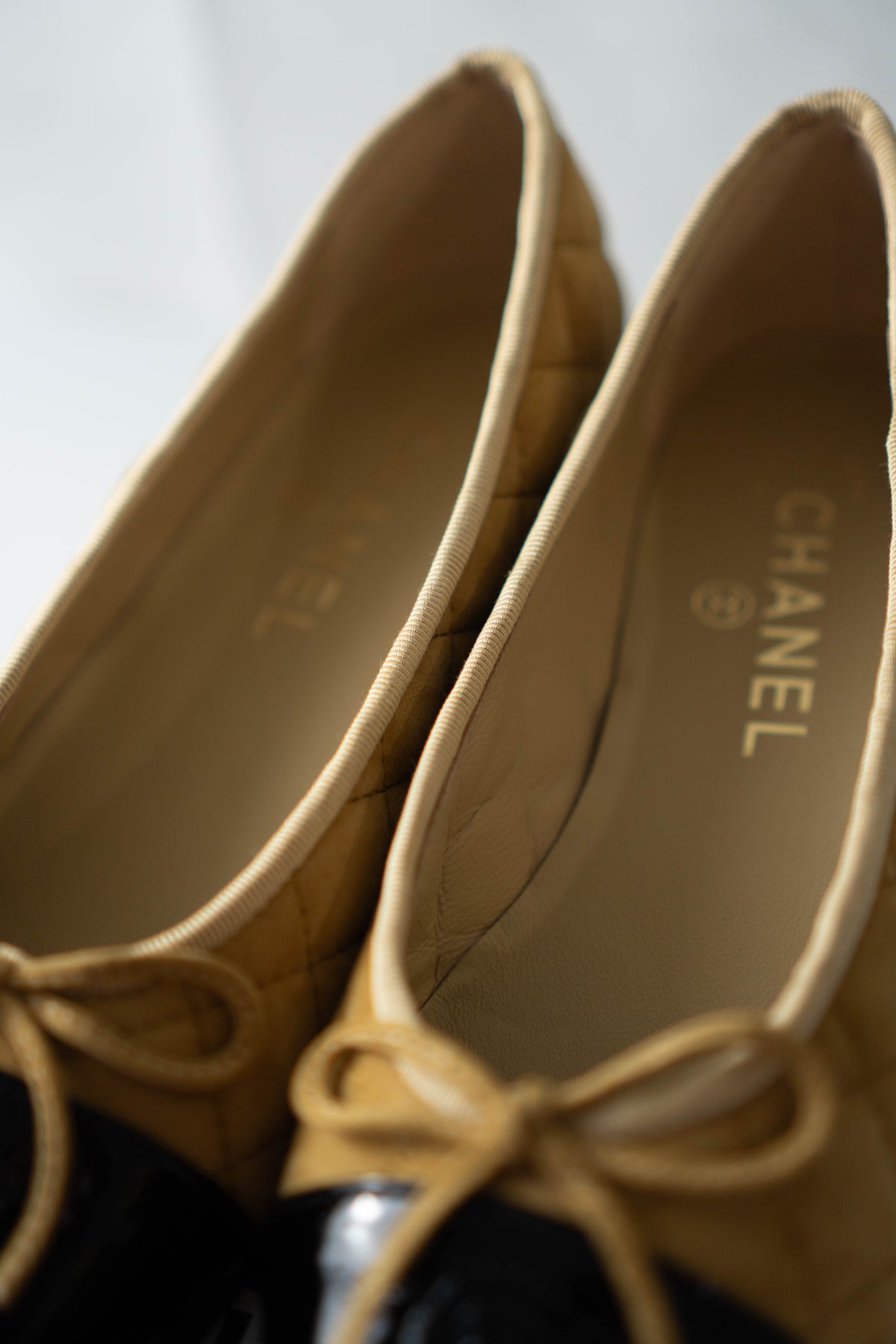 CC Quilted Suede Cap-Toe Ballet Flats – Beige / Yellow Suede with Black Patent Cap Toe