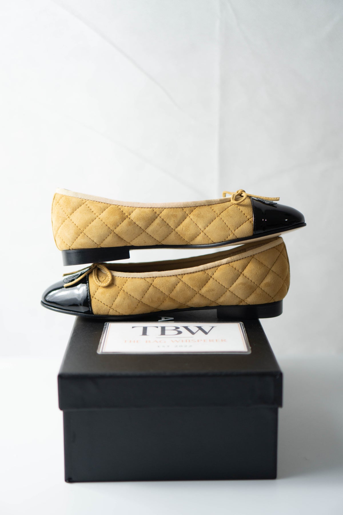 CC Quilted Suede Cap-Toe Ballet Flats – Beige / Yellow Suede with Black Patent Cap Toe