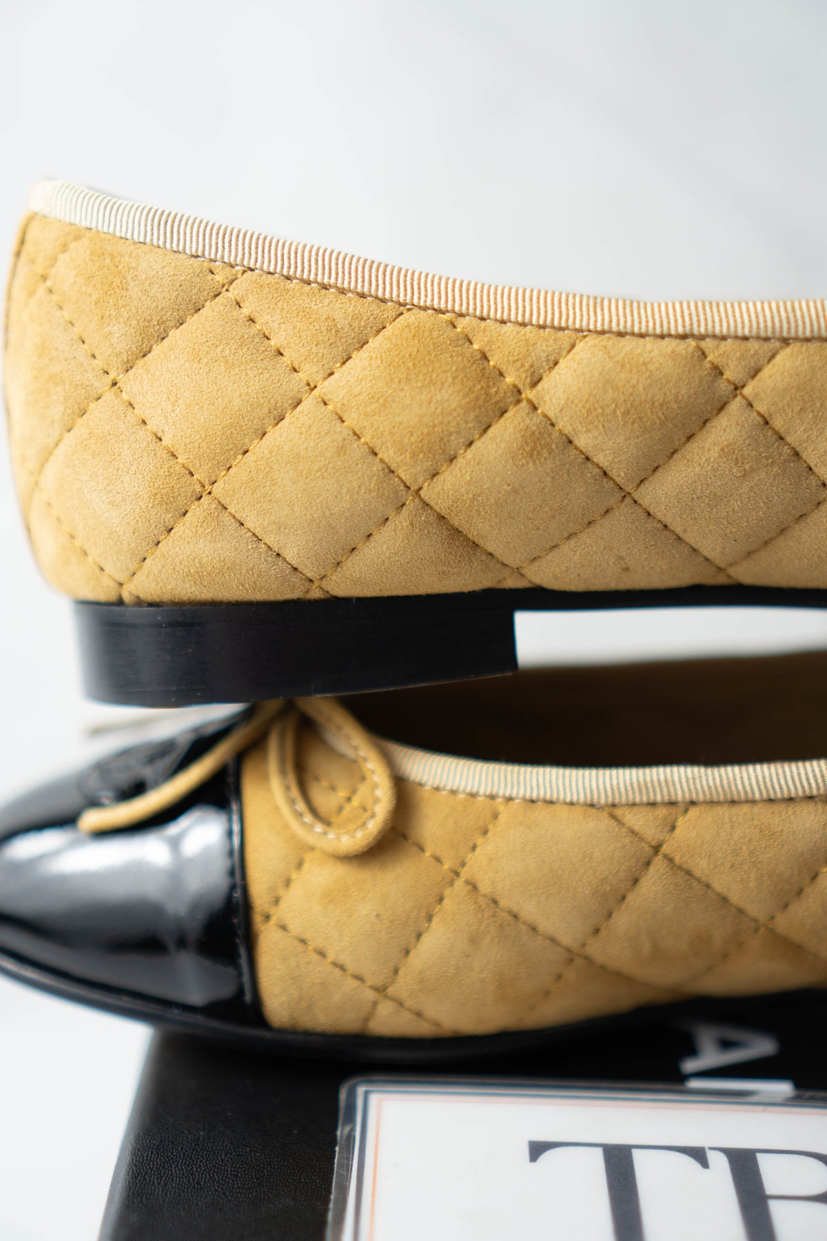 CC Quilted Suede Cap-Toe Ballet Flats – Beige / Yellow Suede with Black Patent Cap Toe