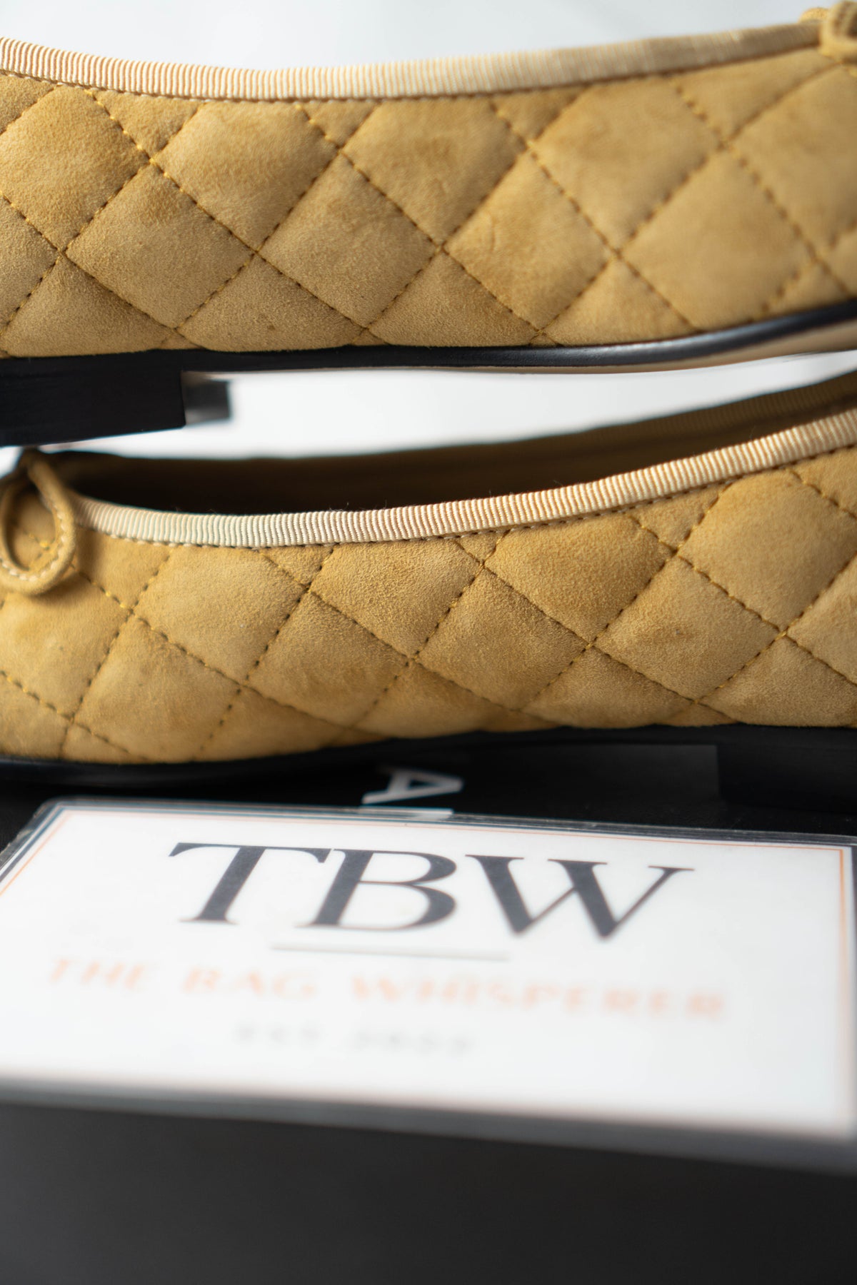 CC Quilted Suede Cap-Toe Ballet Flats – Beige / Yellow Suede with Black Patent Cap Toe