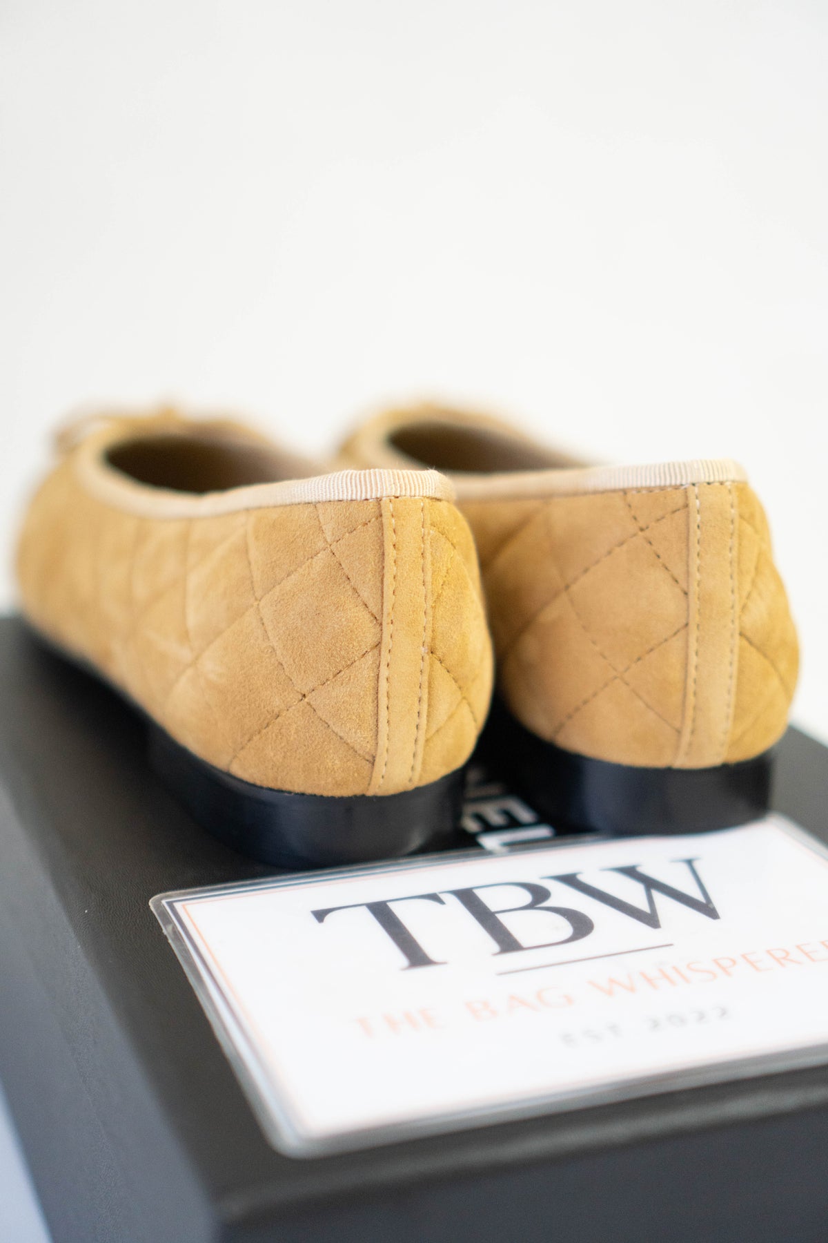 CC Quilted Suede Cap-Toe Ballet Flats – Beige / Yellow Suede with Black Patent Cap Toe