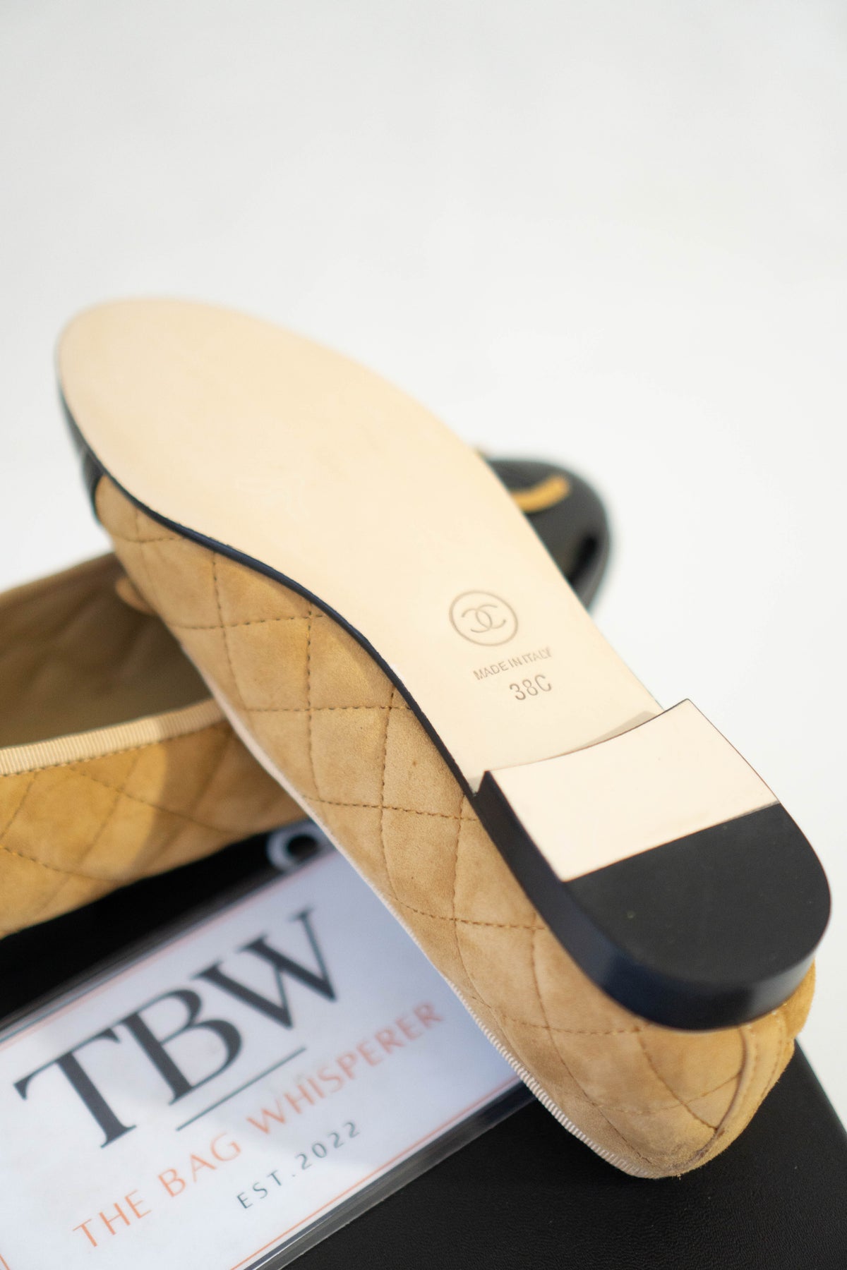 CC Quilted Suede Cap-Toe Ballet Flats – Beige / Yellow Suede with Black Patent Cap Toe