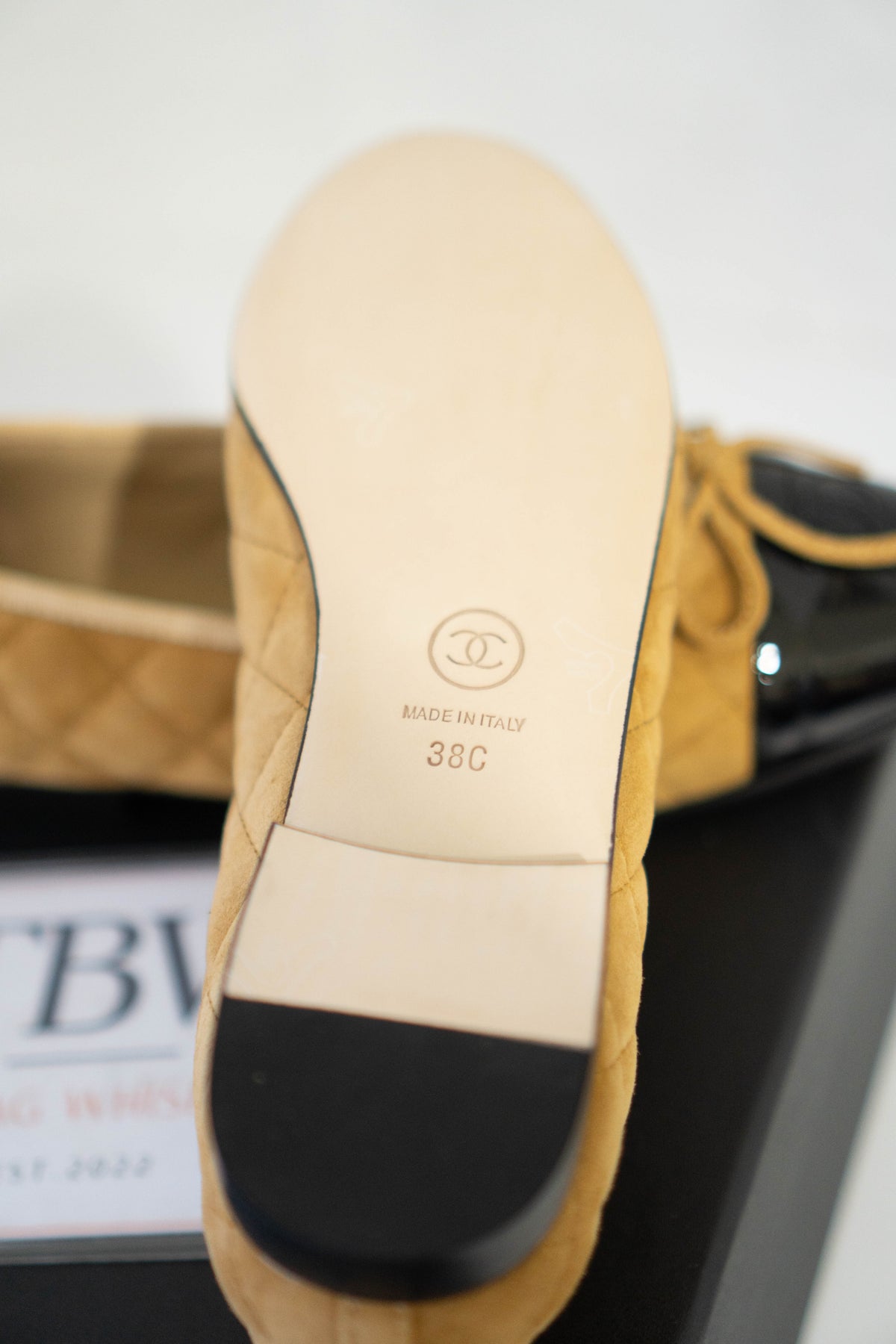 CC Quilted Suede Cap-Toe Ballet Flats – Beige / Yellow Suede with Black Patent Cap Toe