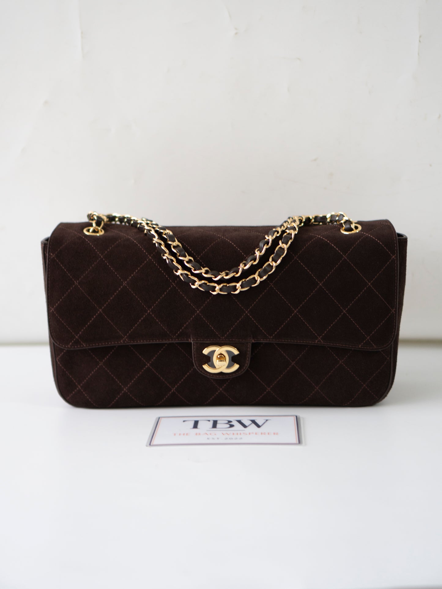 Jumbo Flap 26S – Dark Brown Suede with Gold Hardware