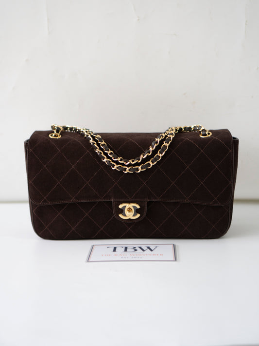 Jumbo Flap 26S – Dark Brown Suede with Gold Hardware