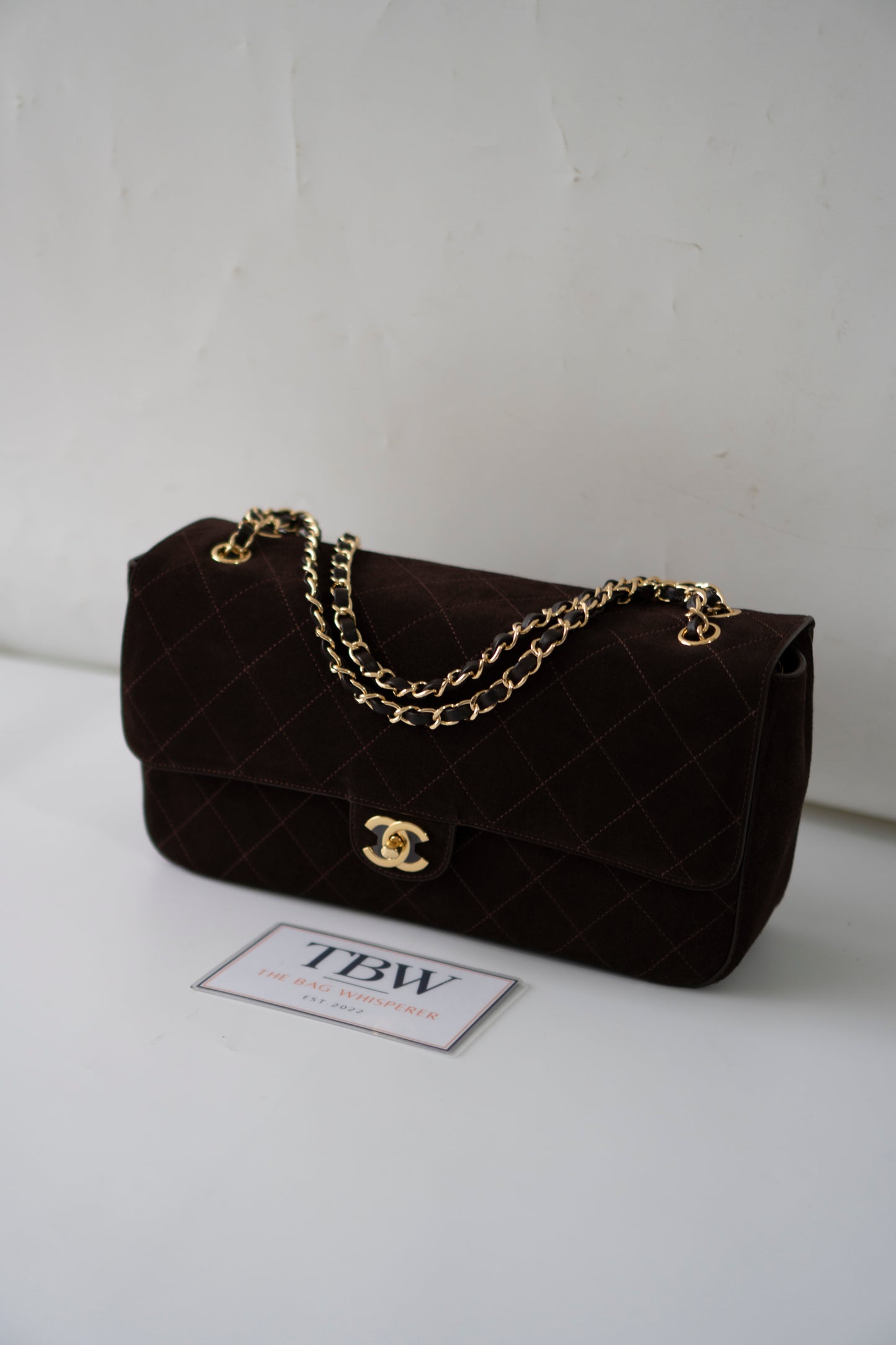 Jumbo Flap 26S – Dark Brown Suede with Gold Hardware