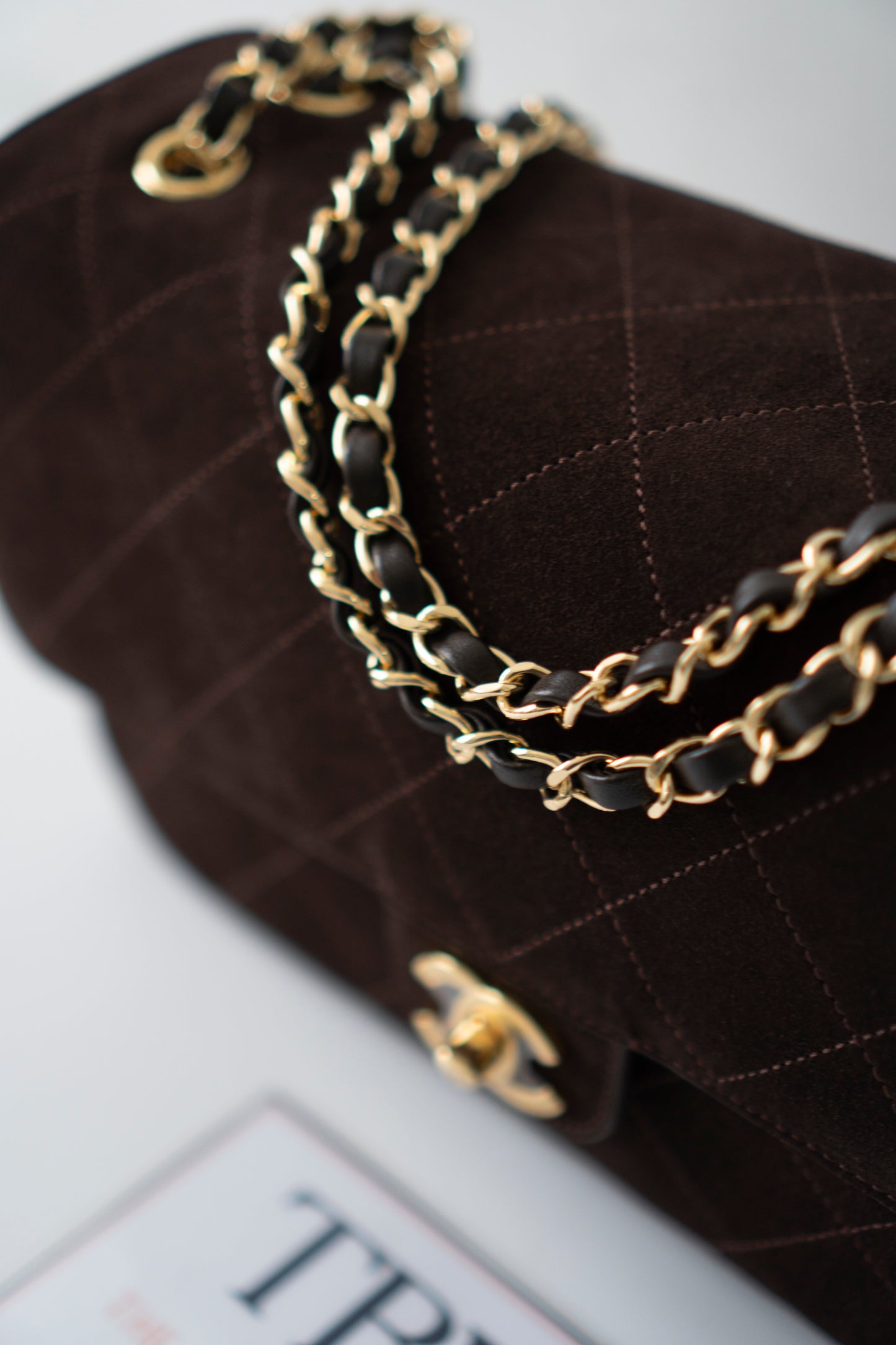Jumbo Flap 26S – Dark Brown Suede with Gold Hardware
