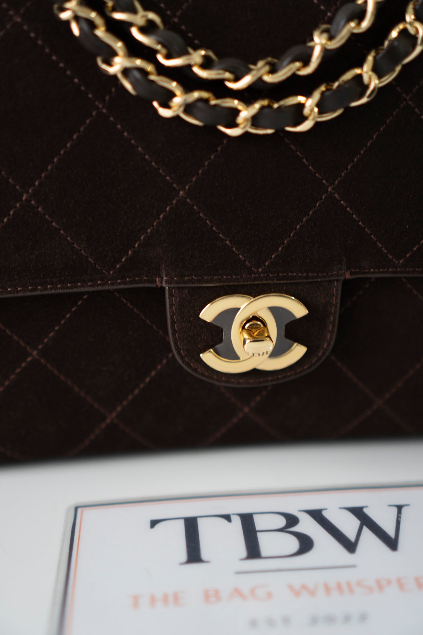 Jumbo Flap 26S – Dark Brown Suede with Gold Hardware