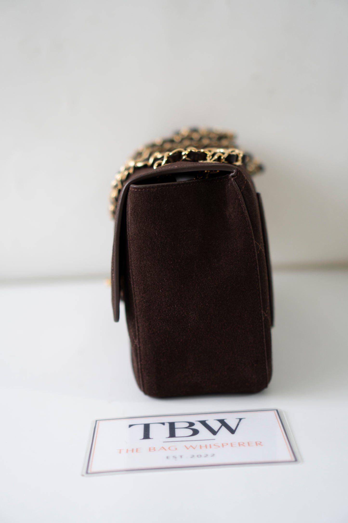 Jumbo Flap 26S – Dark Brown Suede with Gold Hardware