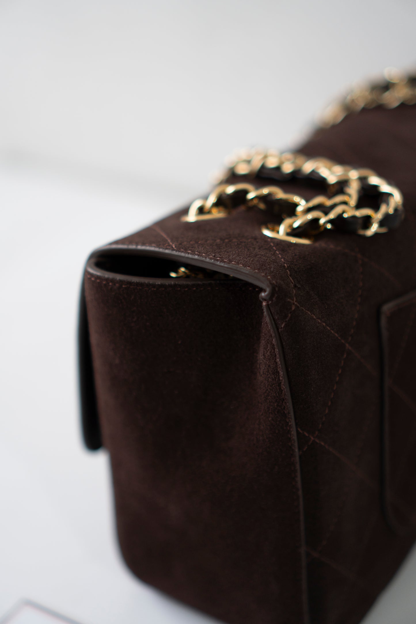 Jumbo Flap 26S – Dark Brown Suede with Gold Hardware