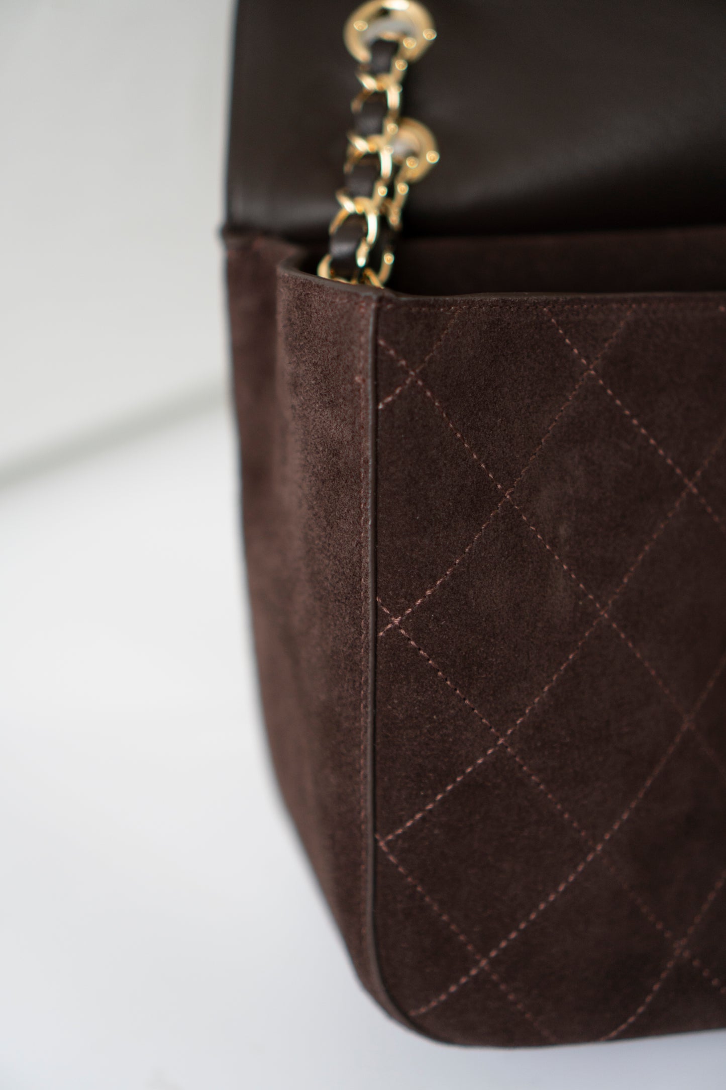 Jumbo Flap 26S – Dark Brown Suede with Gold Hardware