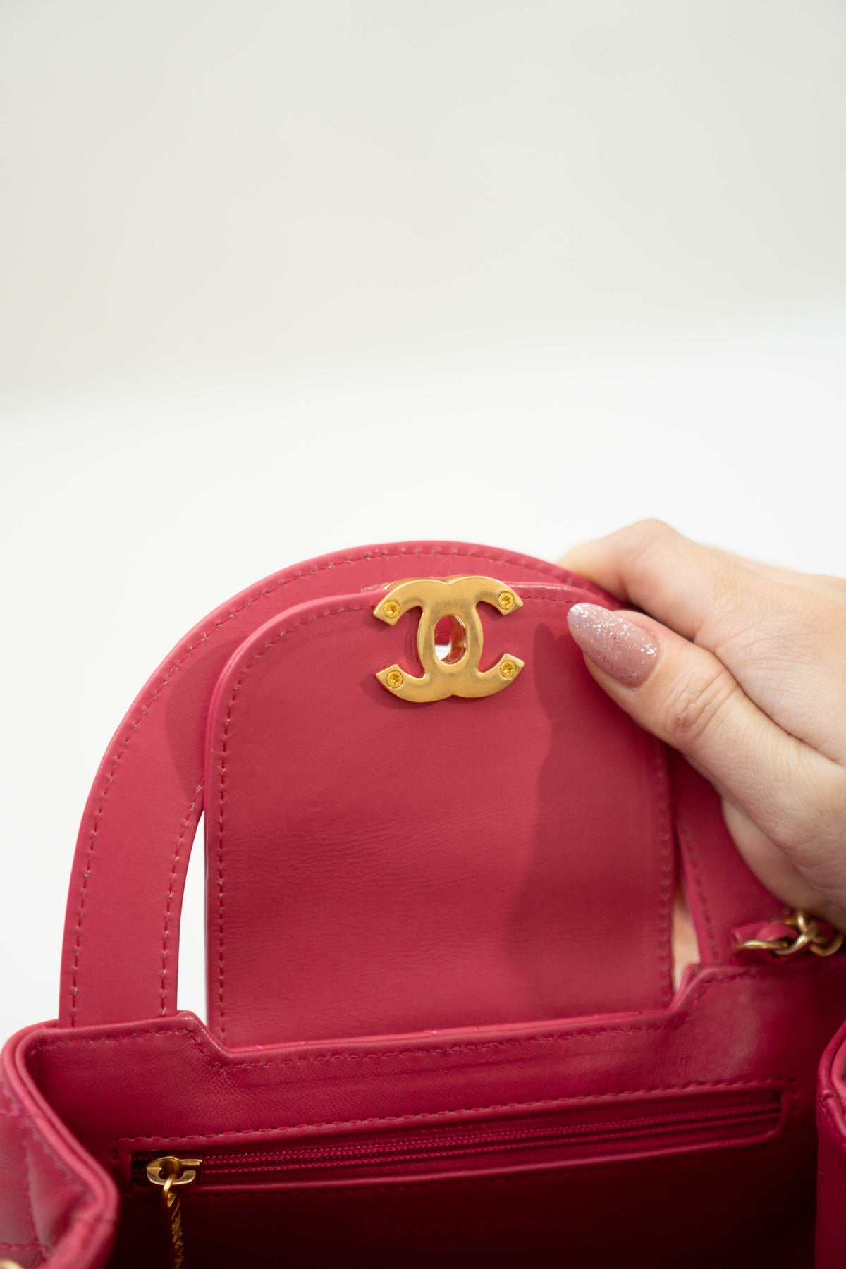 CC Quilted Top Handle Mini Flap Bag – Fuchsia Pink Lambskin
