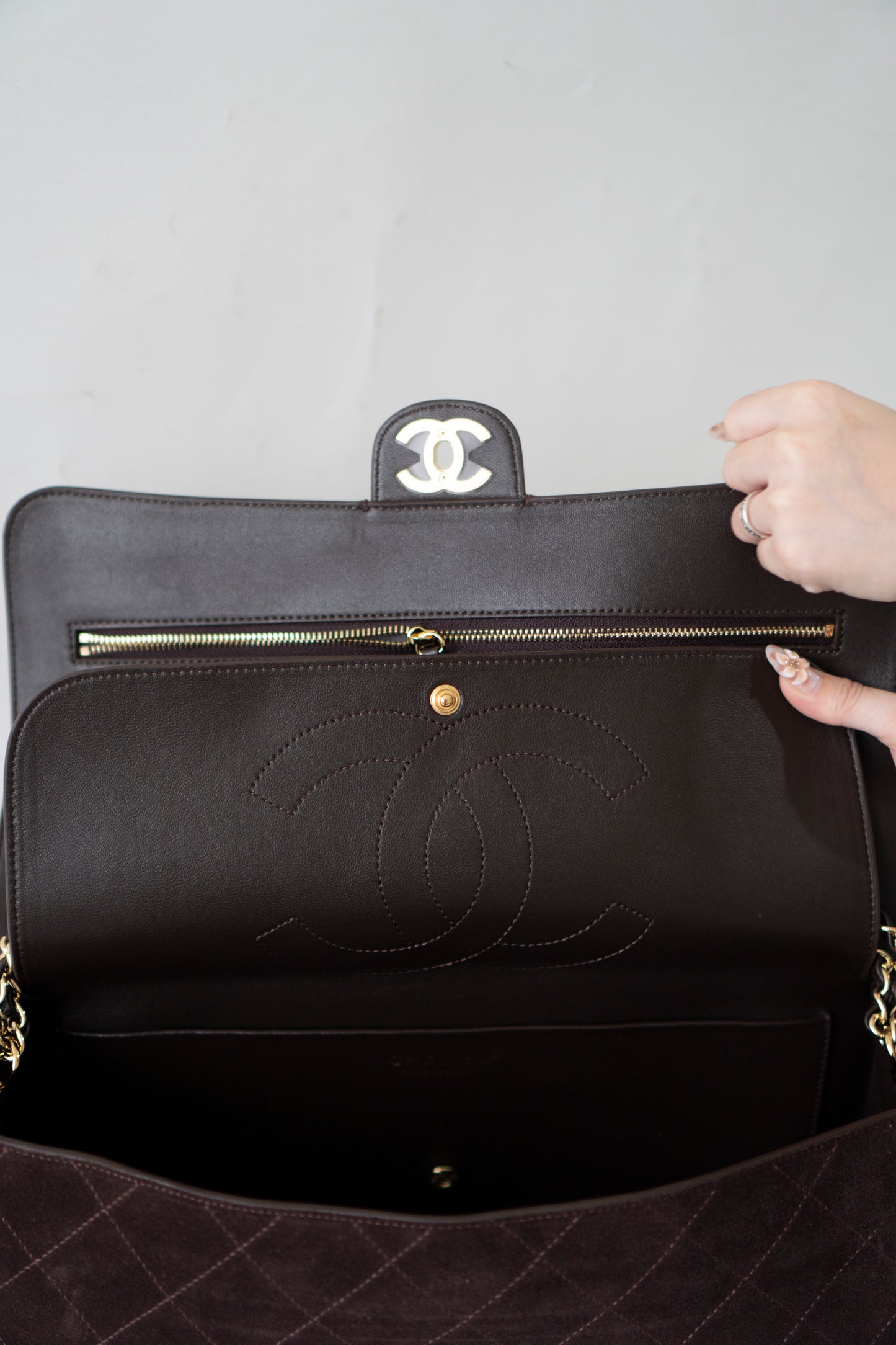 Jumbo Flap 26S – Dark Brown Suede with Gold Hardware