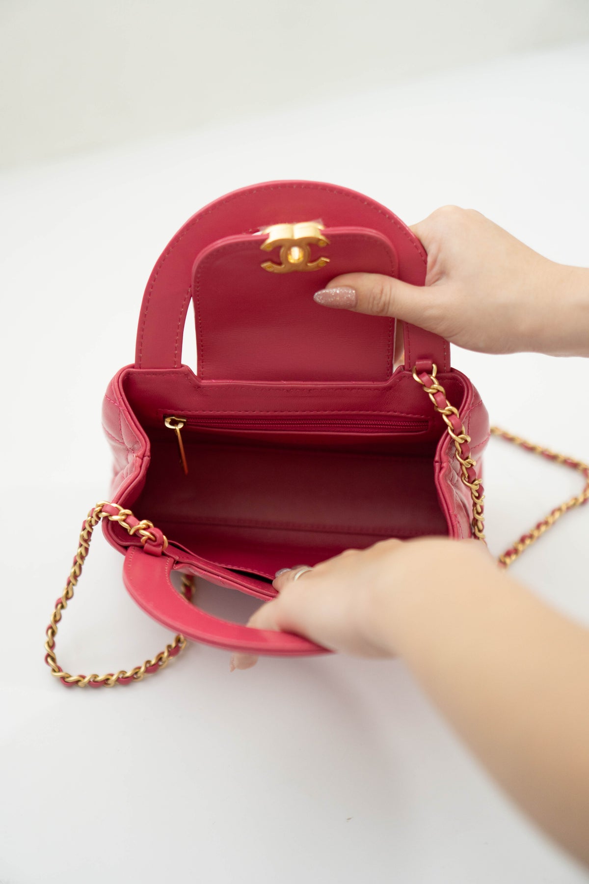 CC Quilted Top Handle Mini Flap Bag – Fuchsia Pink Lambskin